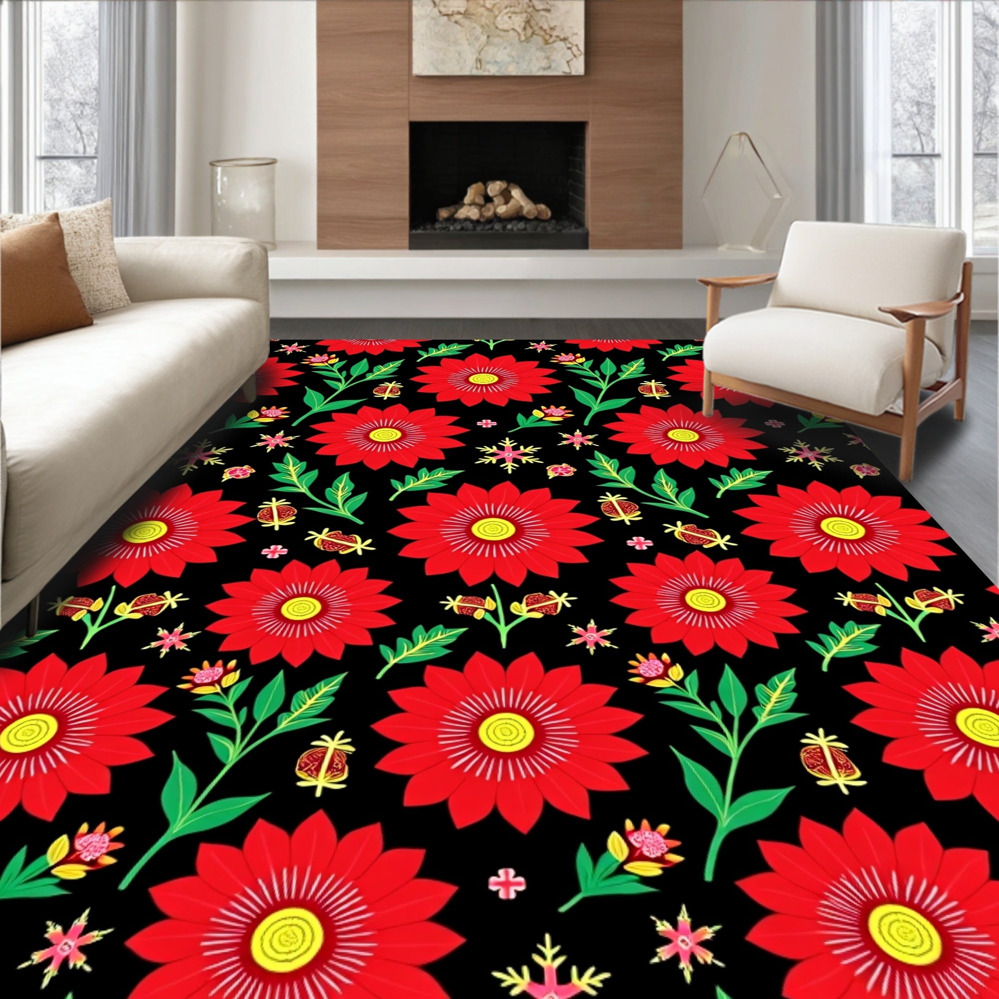Bold Red Floral Medallion Garden Rug