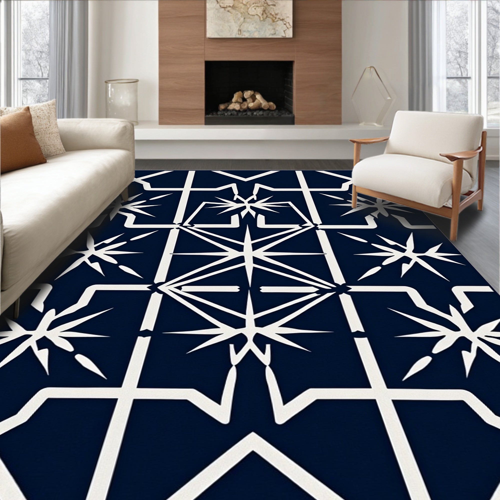 Geometric White Starburst Navy Rug