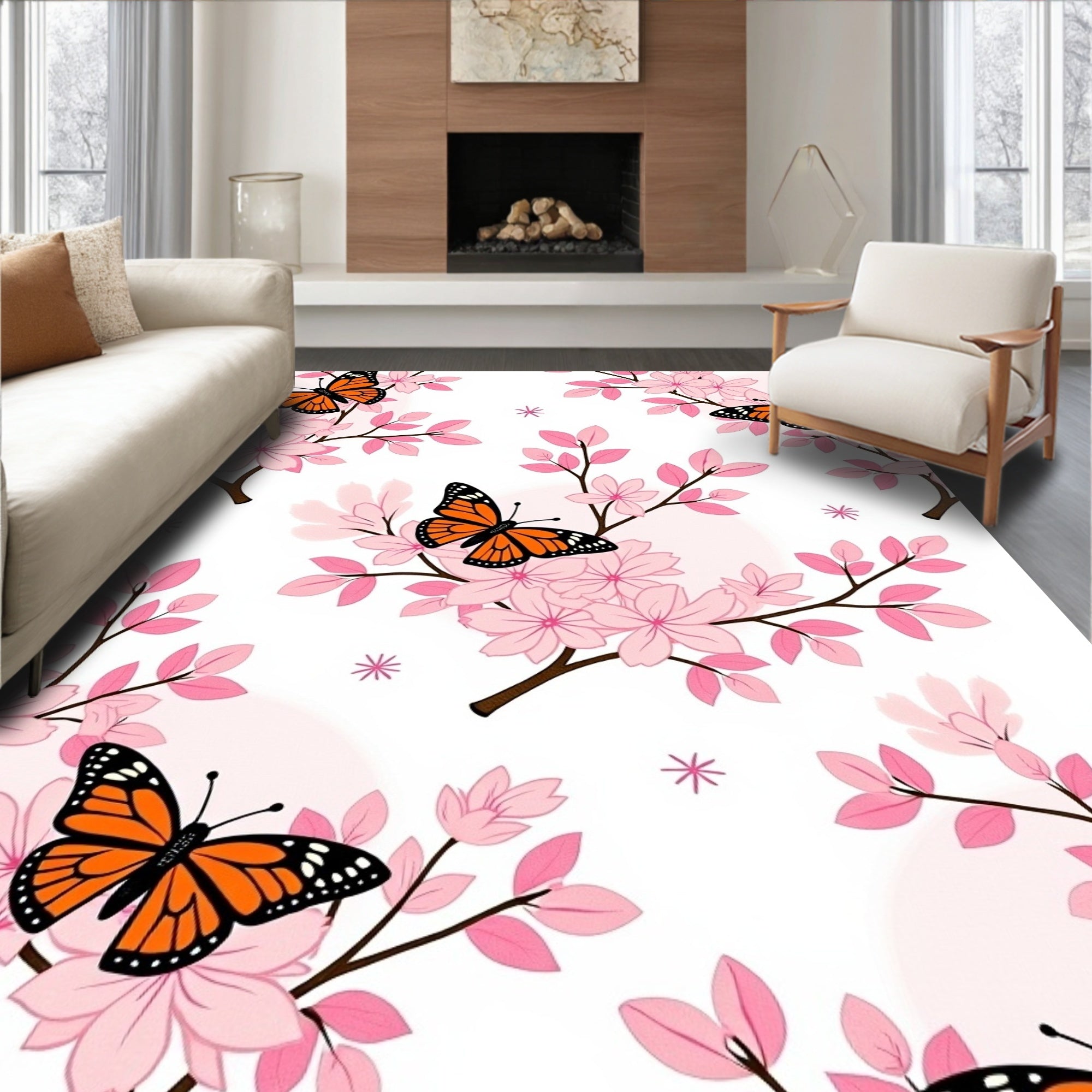 Pink Cherry Blossom Orange Monarch Butterflies Rug