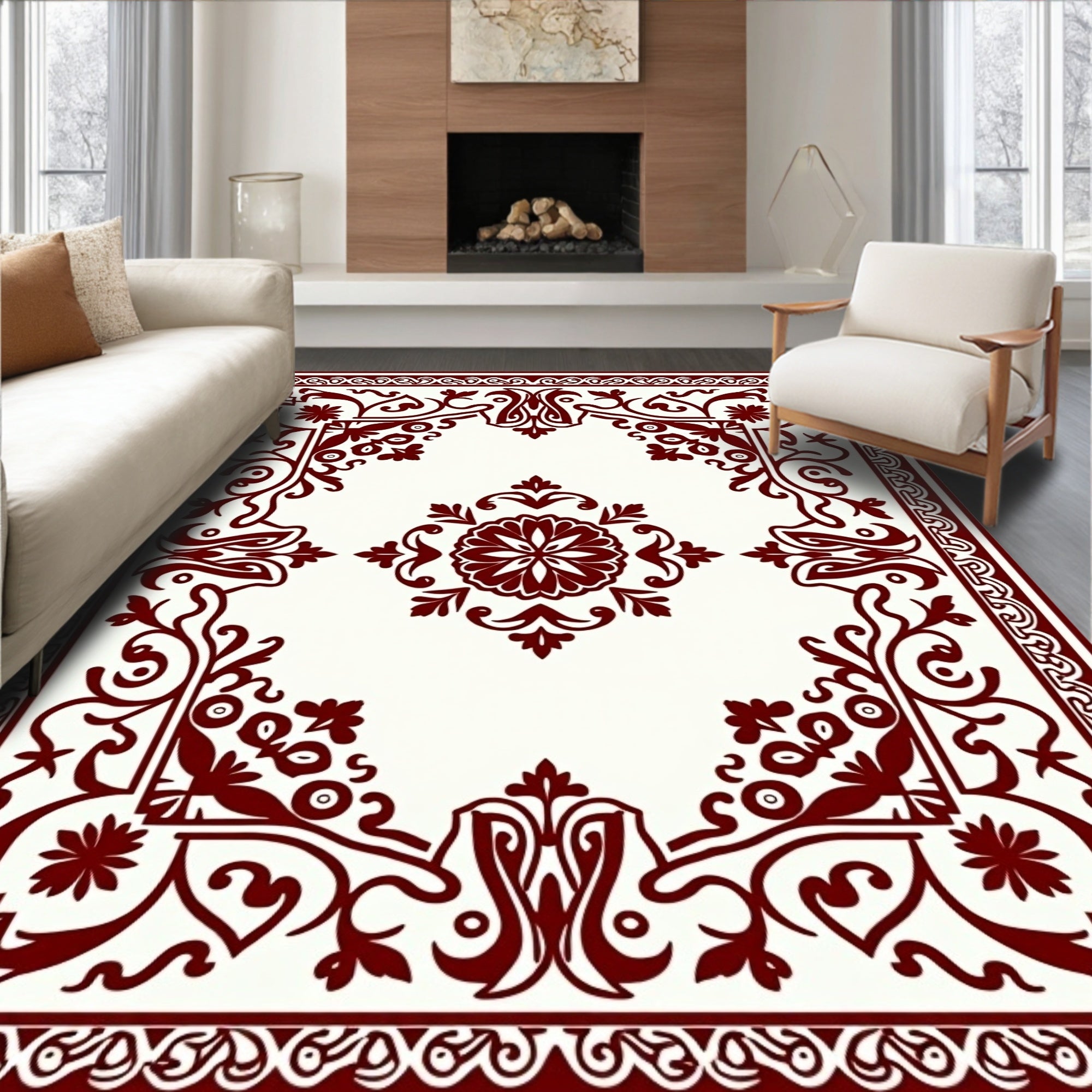Deep Red Ornate Scrollwork Blossom Rug
