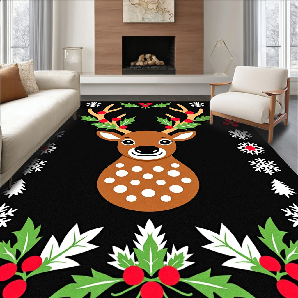 Festive Deer Holly Snowflake Border Rug