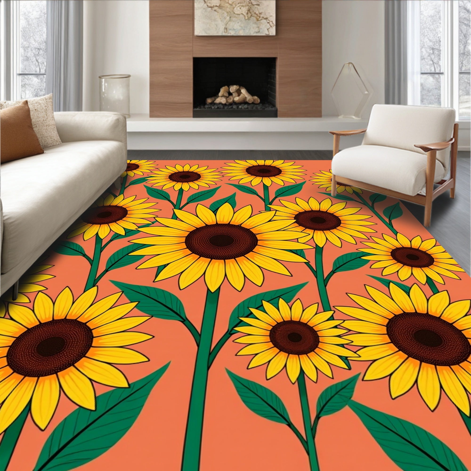 Golden Sunflowers Field On Coral Background Rug