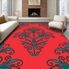Red Teal Scrollwork Floral Damask Rug