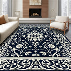 Navy Ivory Floral Scrollwork Rug