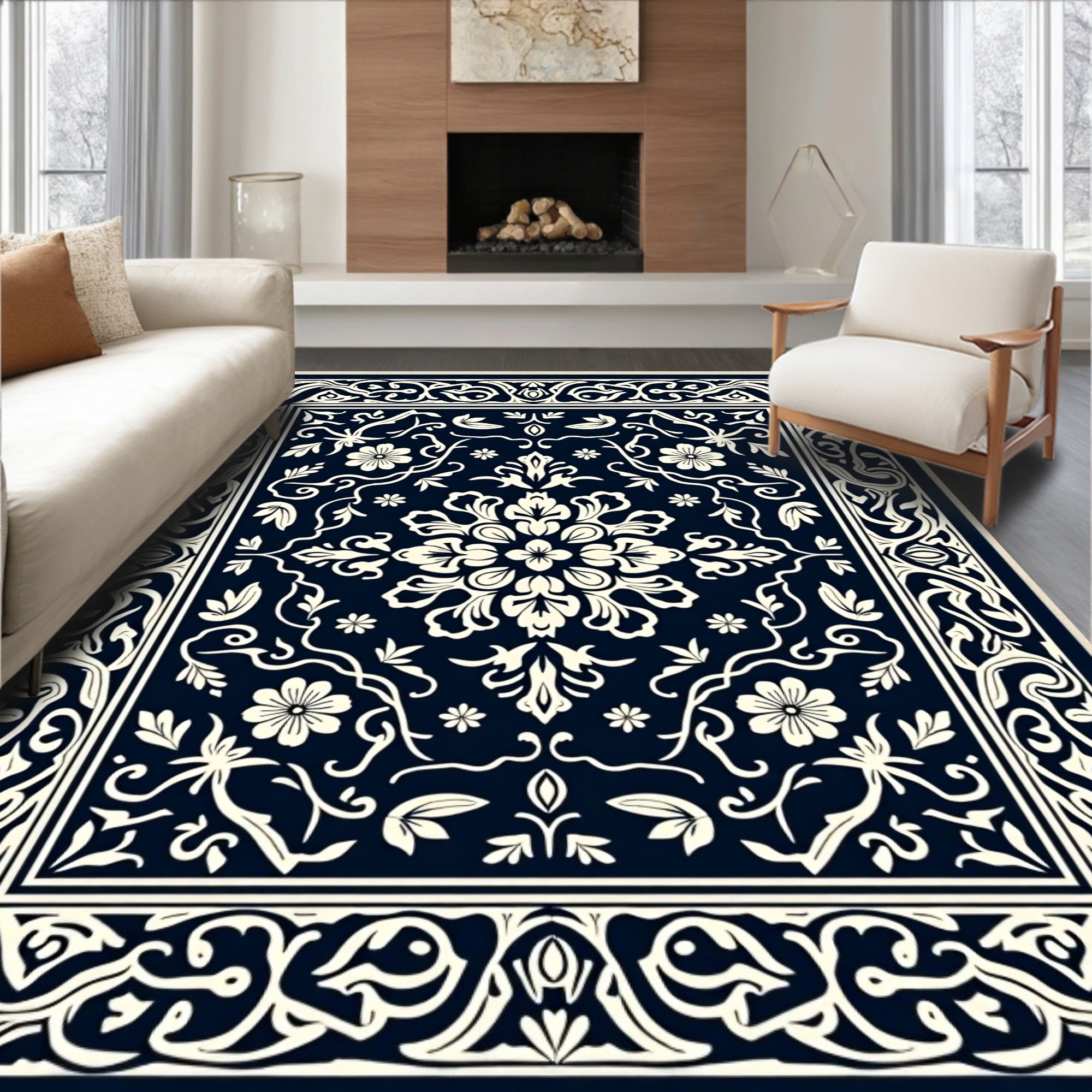 Navy Ivory Floral Scrollwork Rug