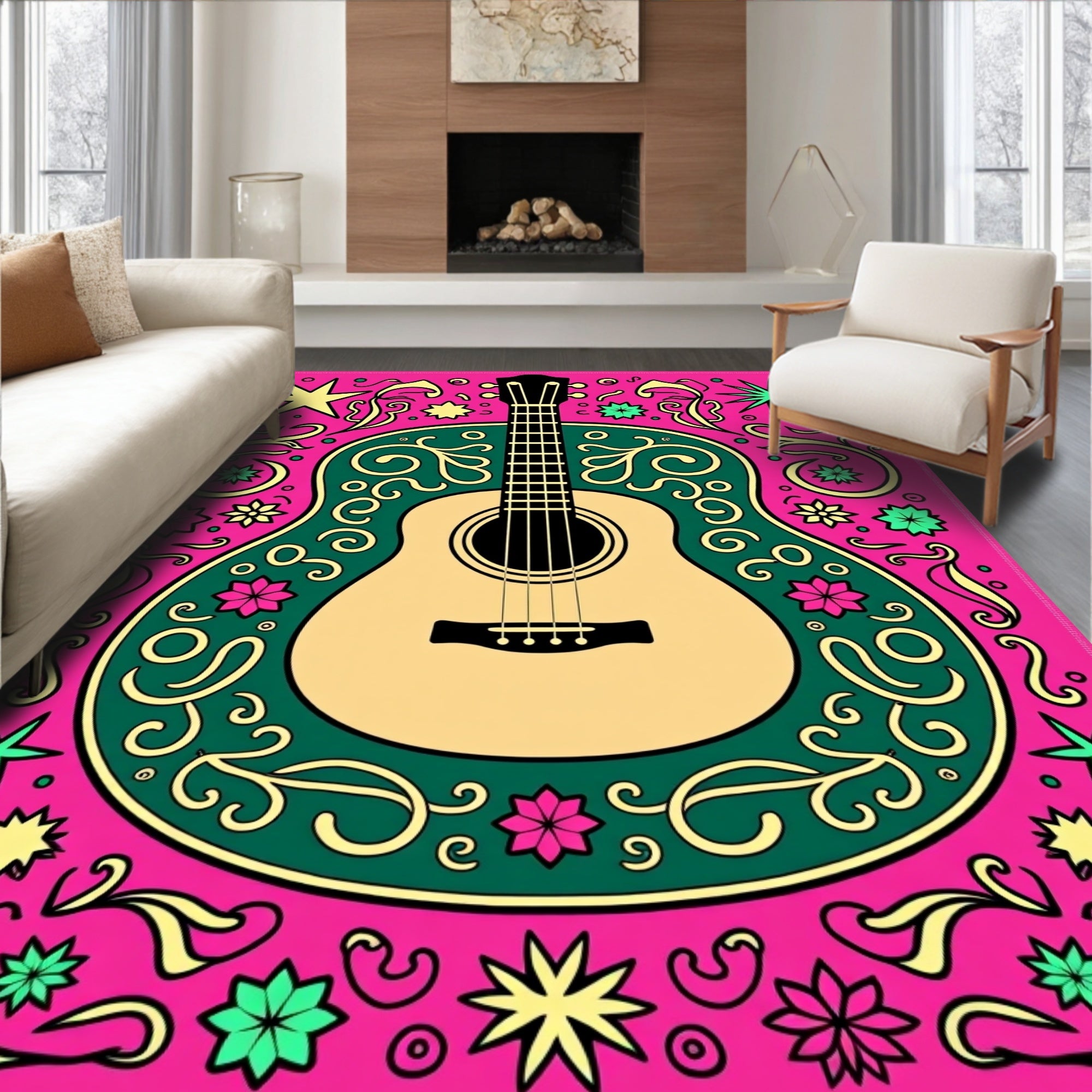 Vibrant Acoustic Guitar Floral Swirls Rug