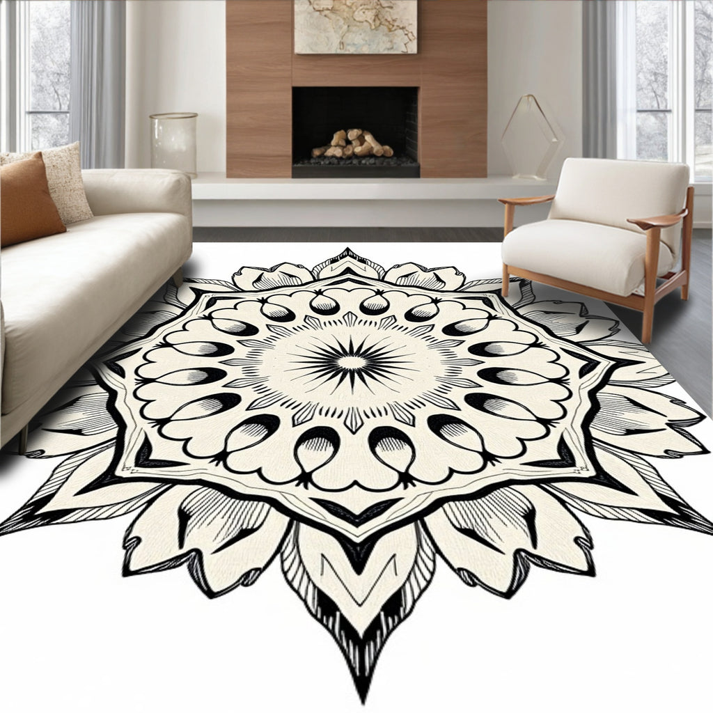 Ornate Black White Mandala Flower Rug