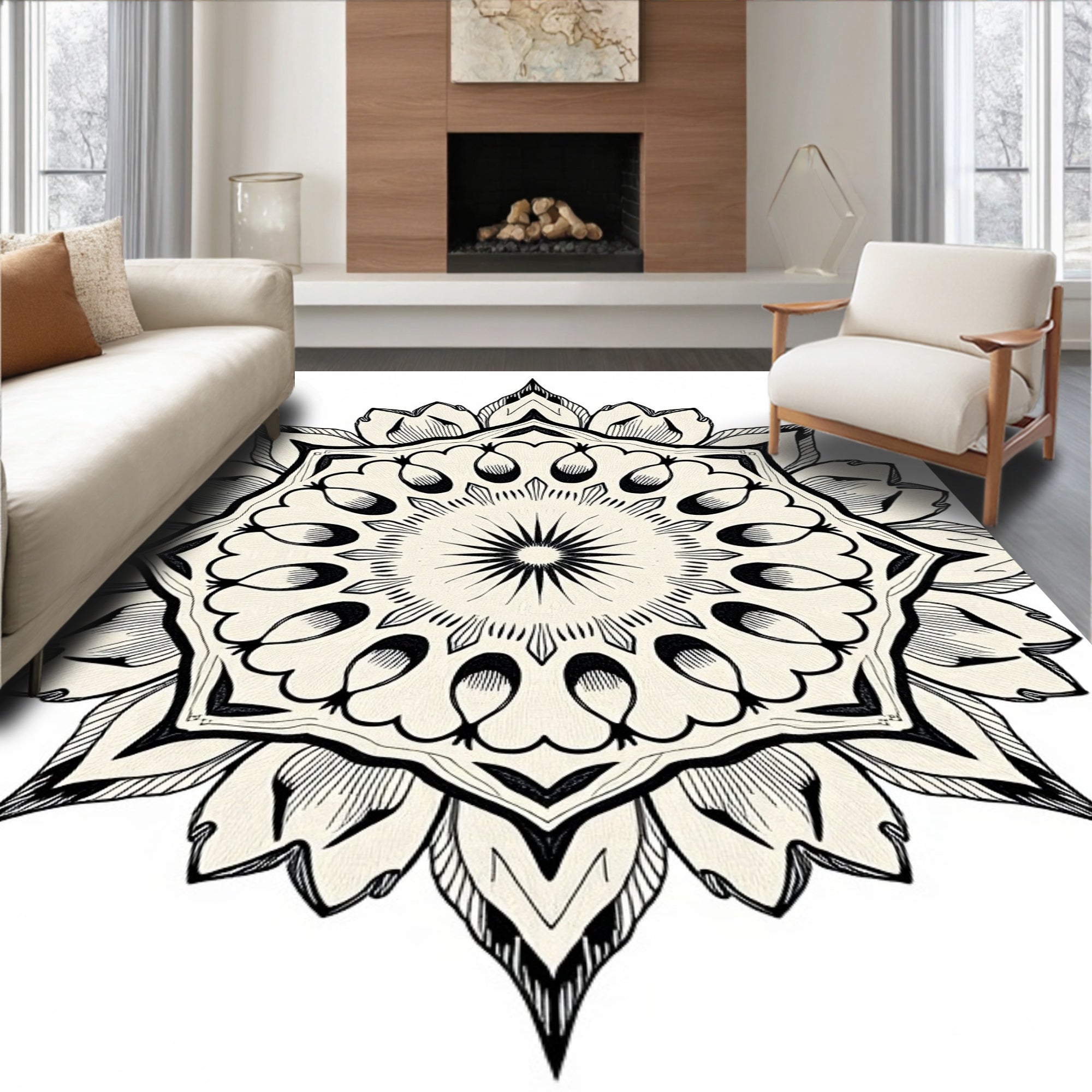 Ornate Black White Mandala Flower Rug