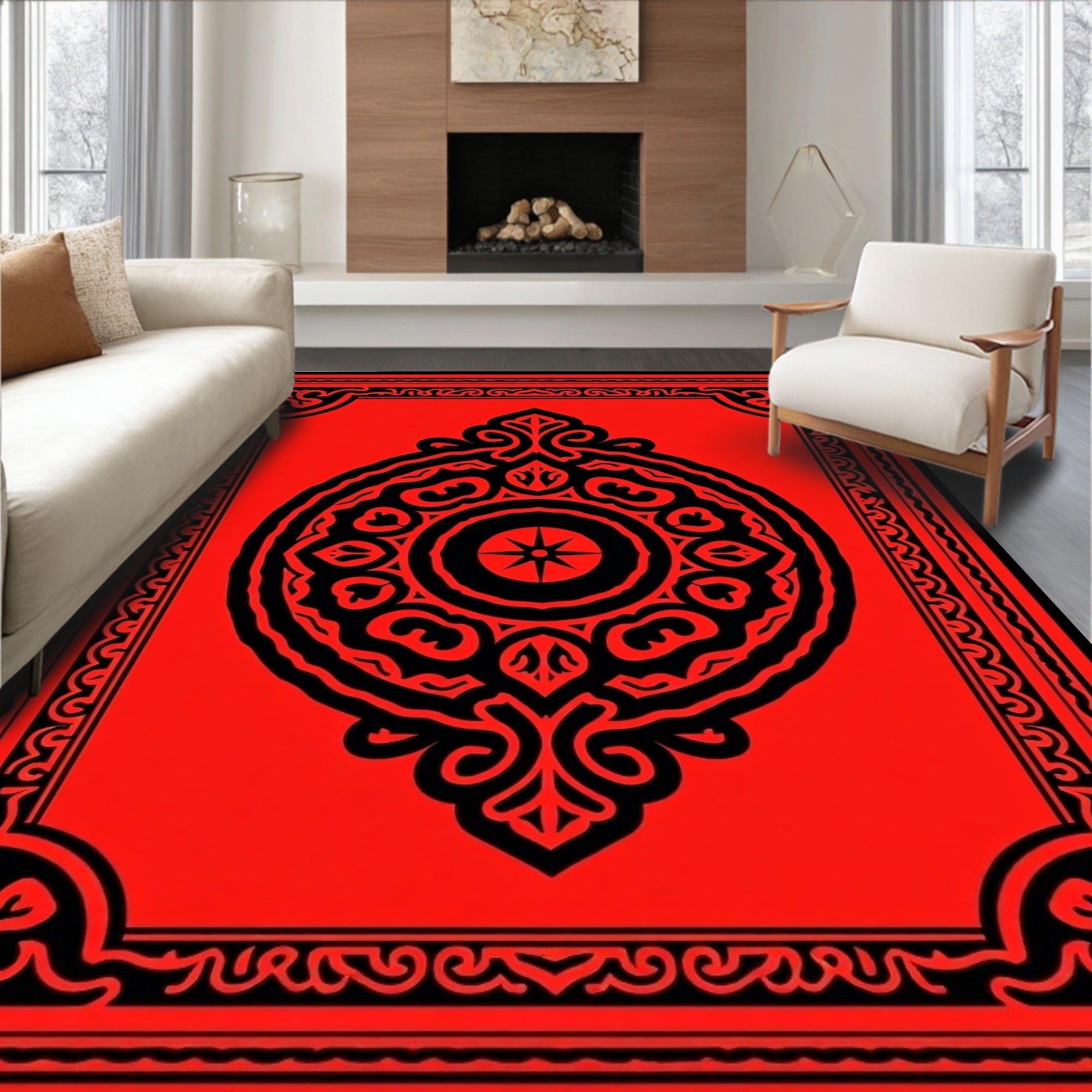 Bold Crimson Mandala Medallion Rug