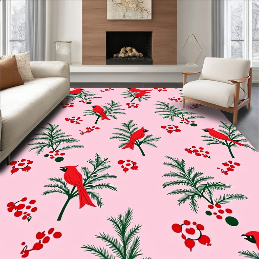Whimsical Red Cardinal Evergreen Meadow Rug
