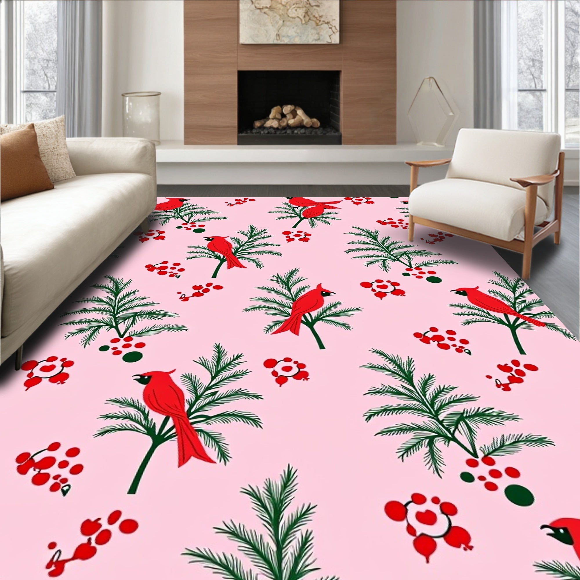 Whimsical Red Cardinal Evergreen Meadow Rug