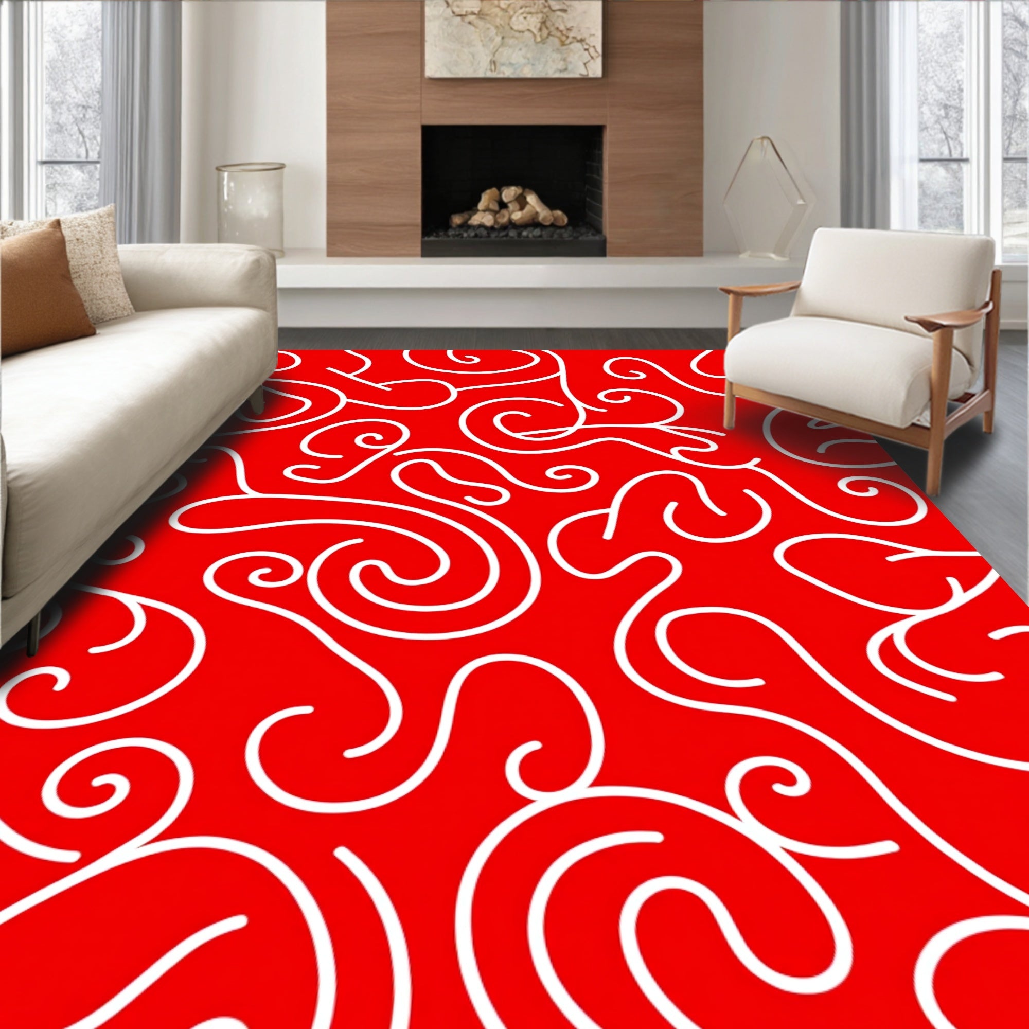 Bold Red Swirl Organic Lines Rug