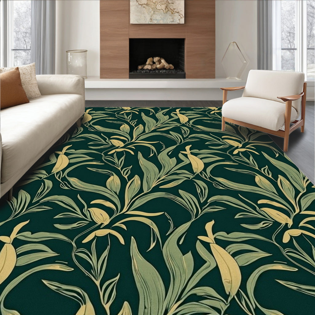 Deep Green Botanical Swirl Leaf Rug