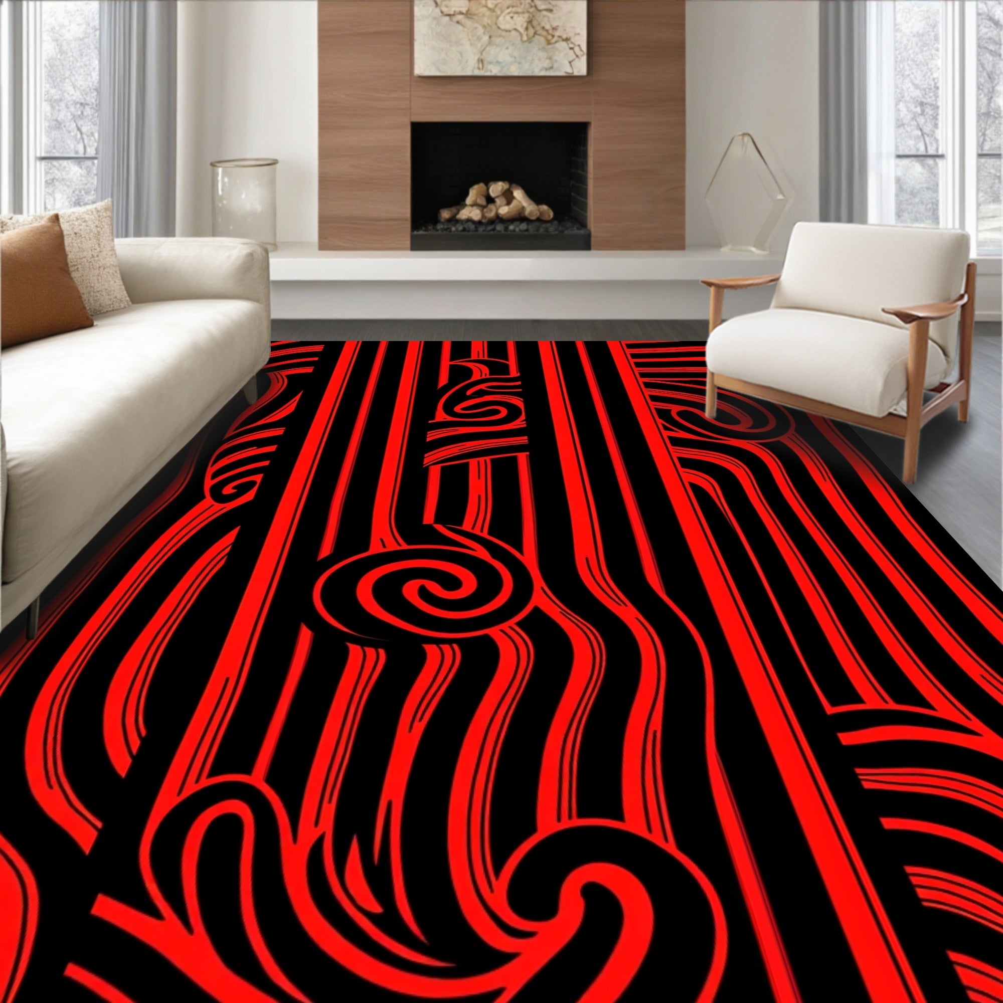 Bold Red Swirl Abstract Ribbon Rug