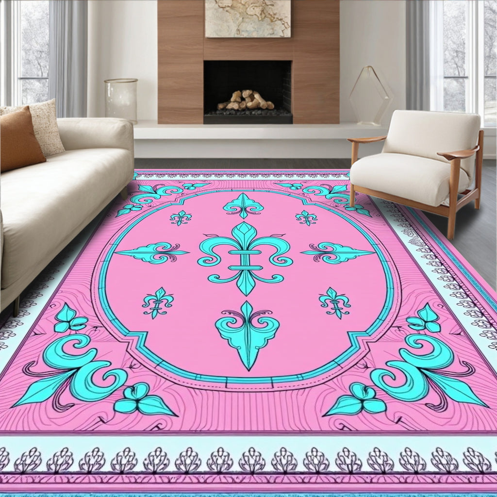 Pink Teal Fleur de Lis Oval Cream Border Rug