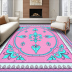 Pink Teal Fleur de Lis Oval Cream Border Rug