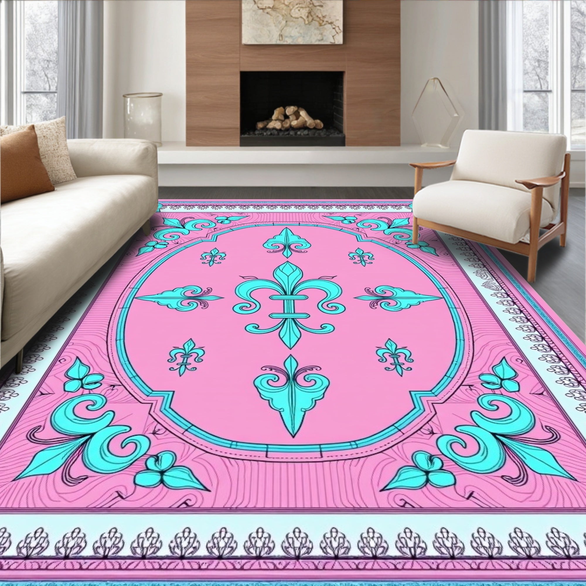 Pink Teal Fleur de Lis Oval Cream Border Rug