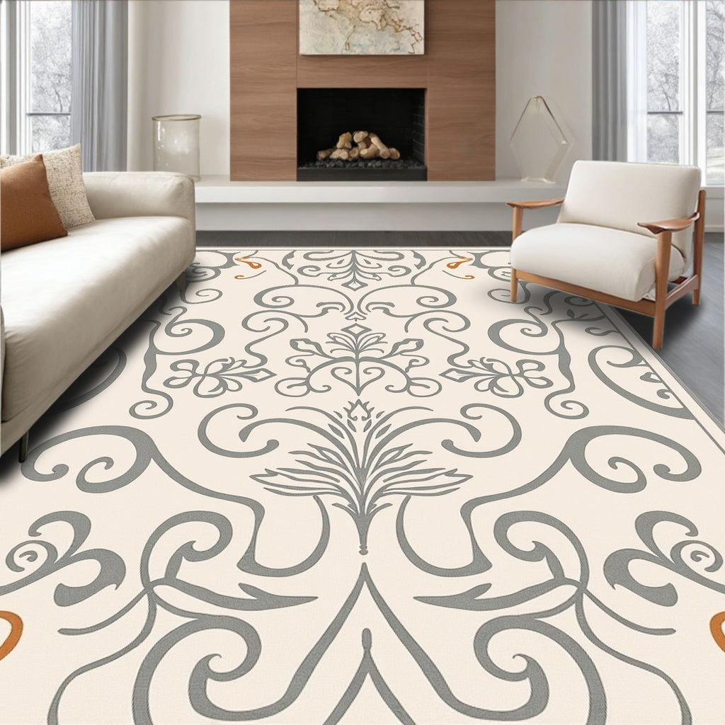 Cream Grey Filigree Arabesque Flourish Rug