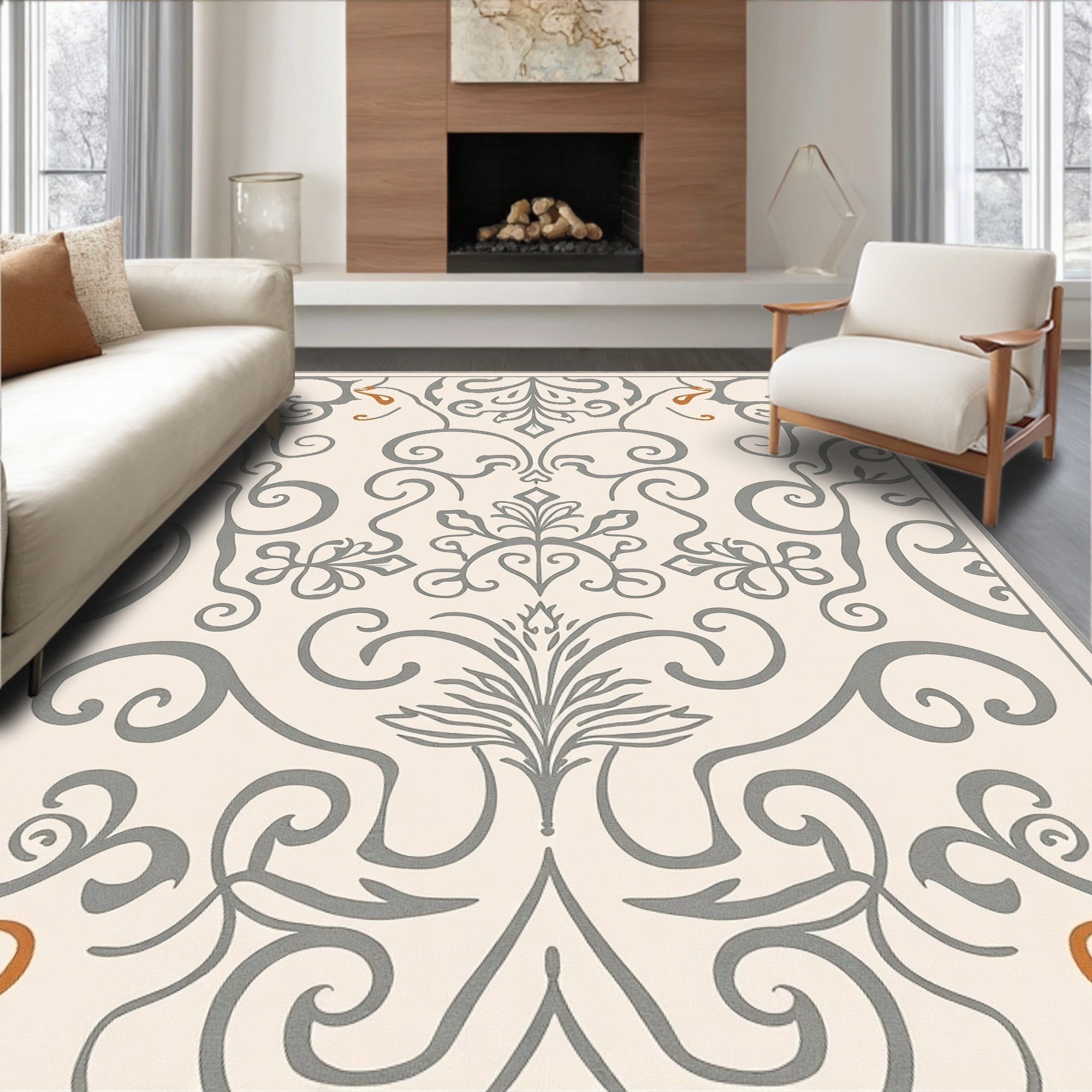 Cream Grey Filigree Arabesque Flourish Rug