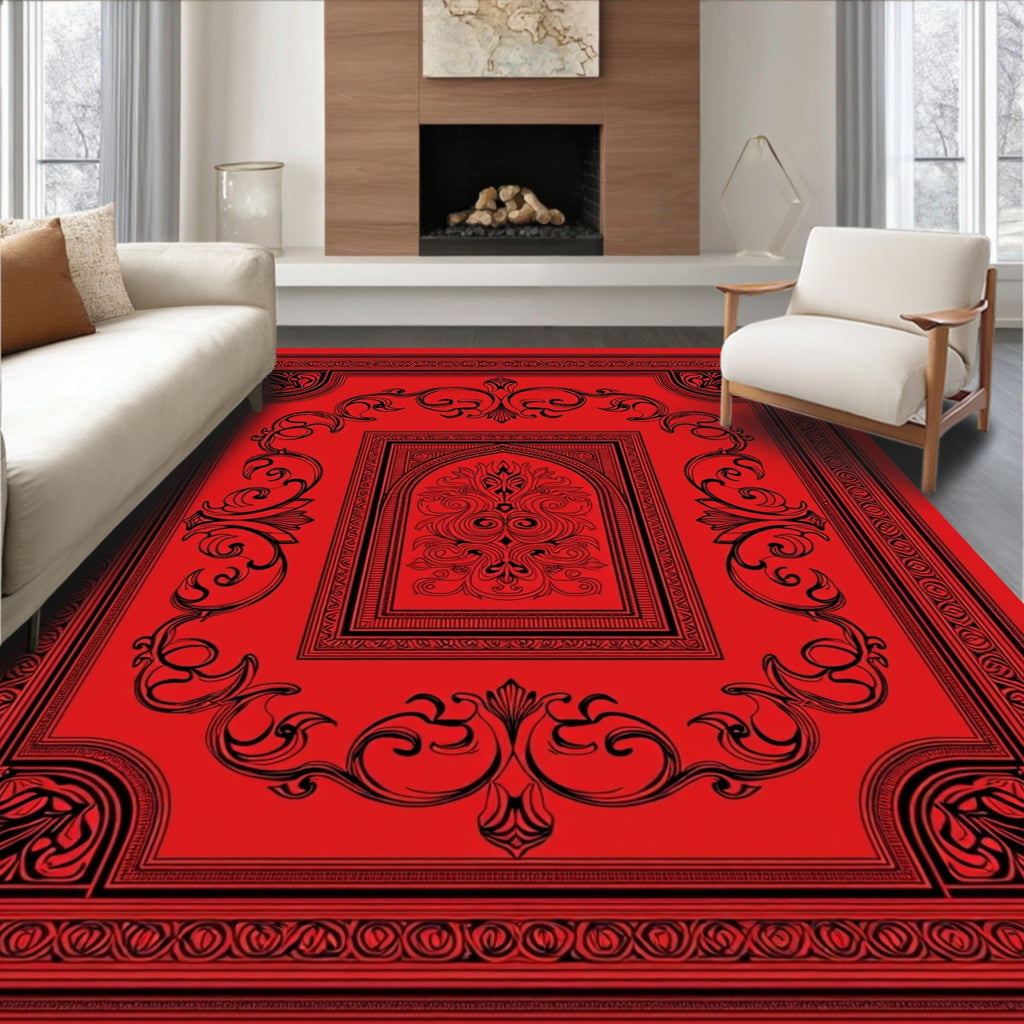 Crimson Black Ornate Scrollwork Frame Rug
