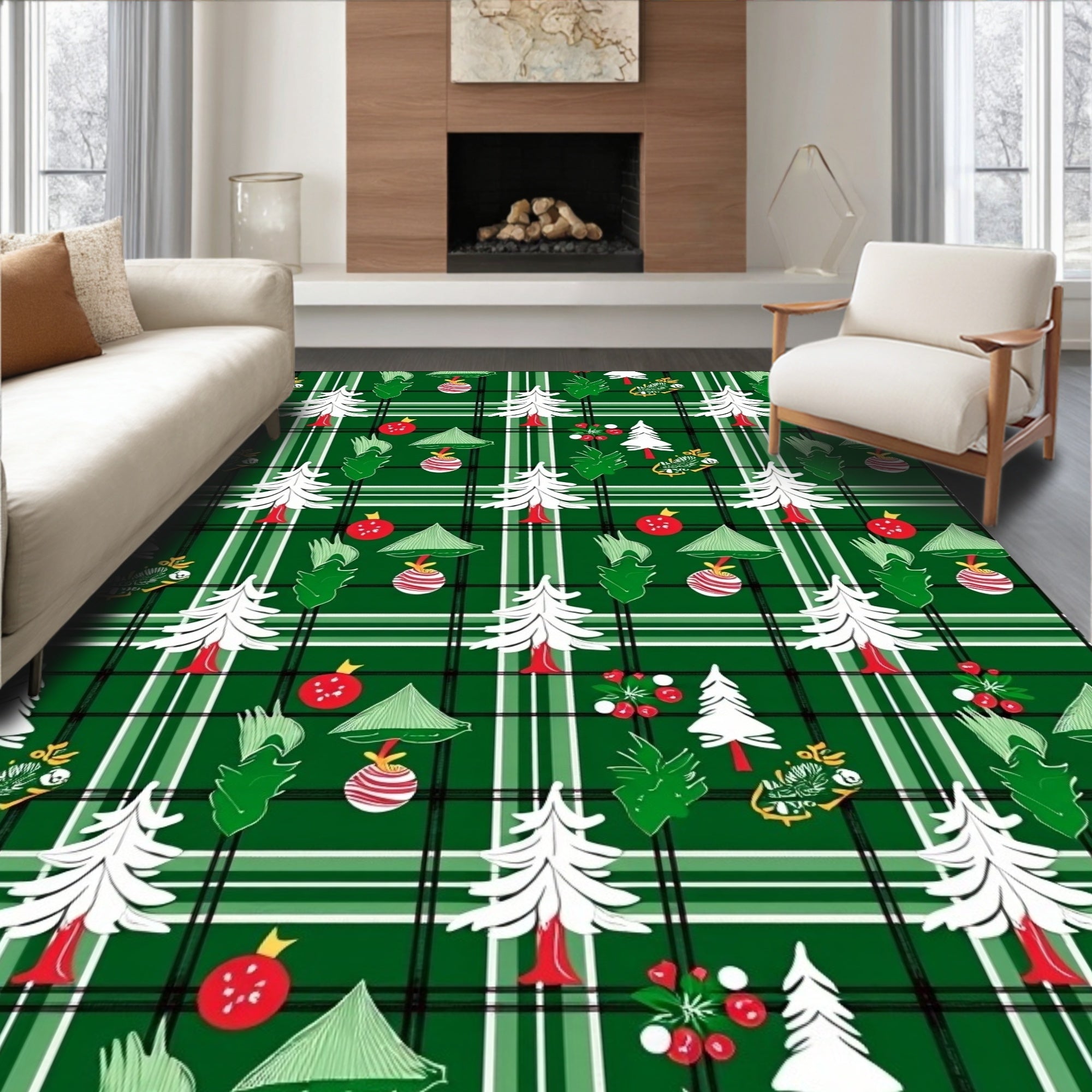 Green Plaid Christmas Tree Ornament Trio Rug