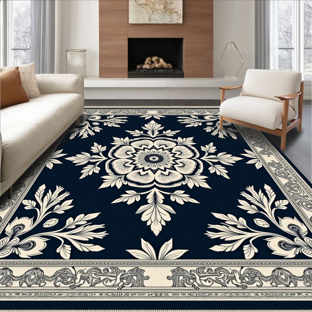 Classic Ivory Floral Medallion Navy Rug