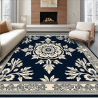 Classic Ivory Floral Medallion Navy Rug