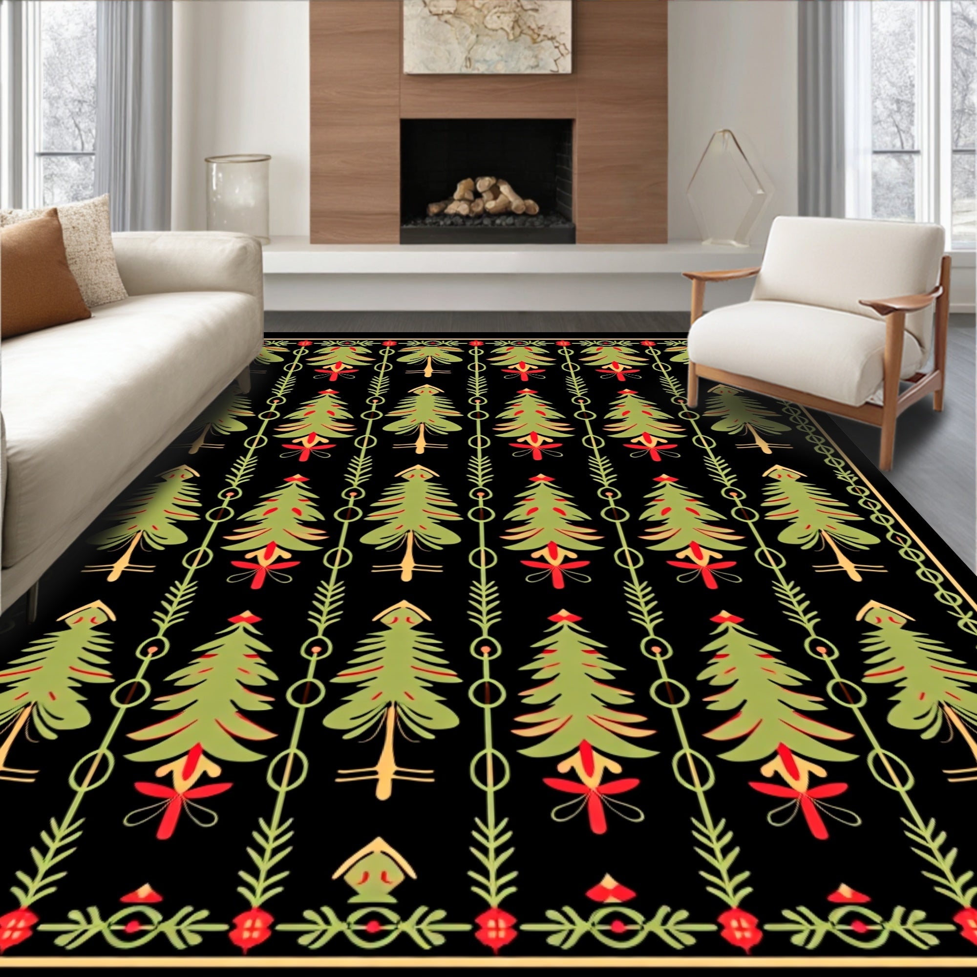 Green Pine Trees Red Accents Border Rug