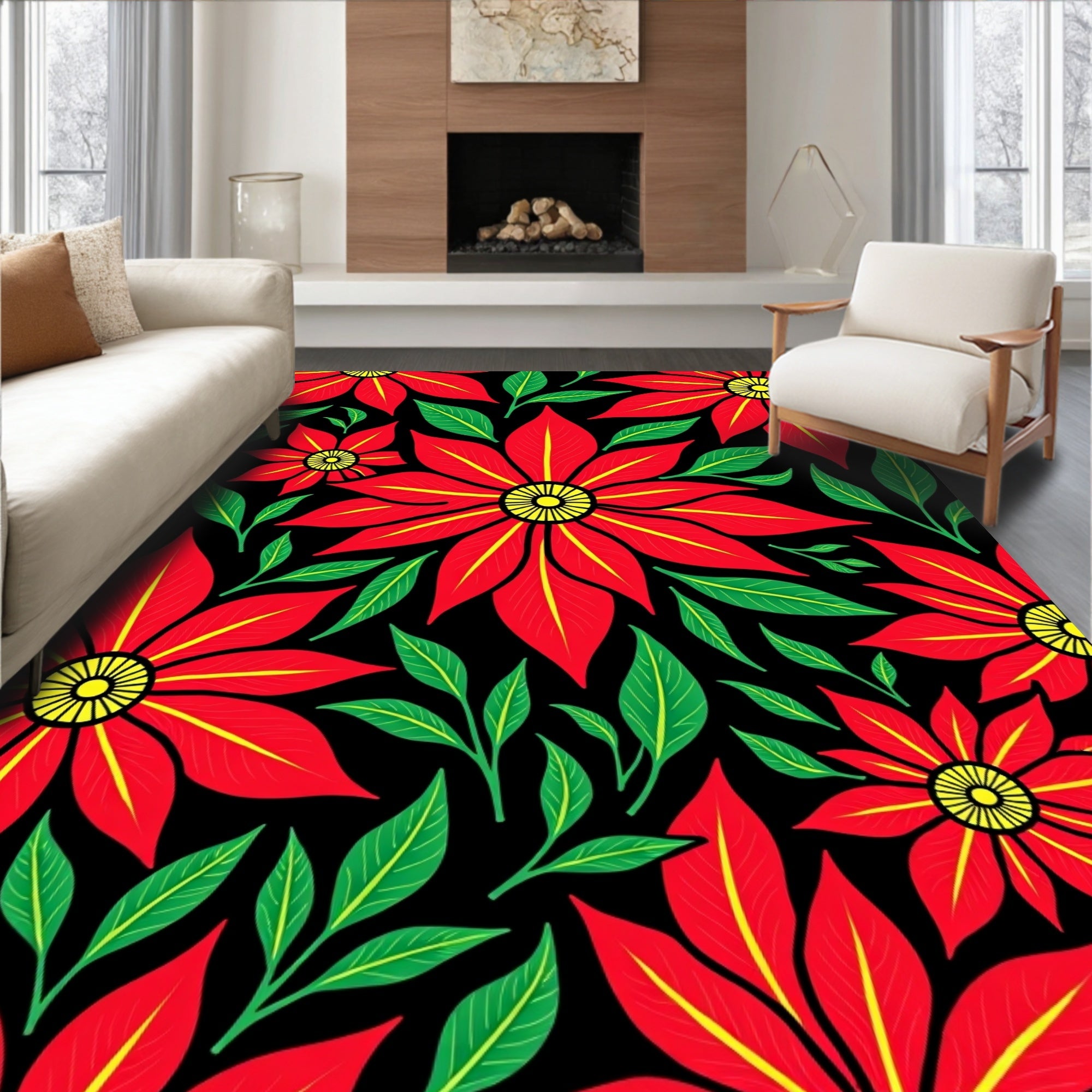 Bold Red Flower Garden Rug