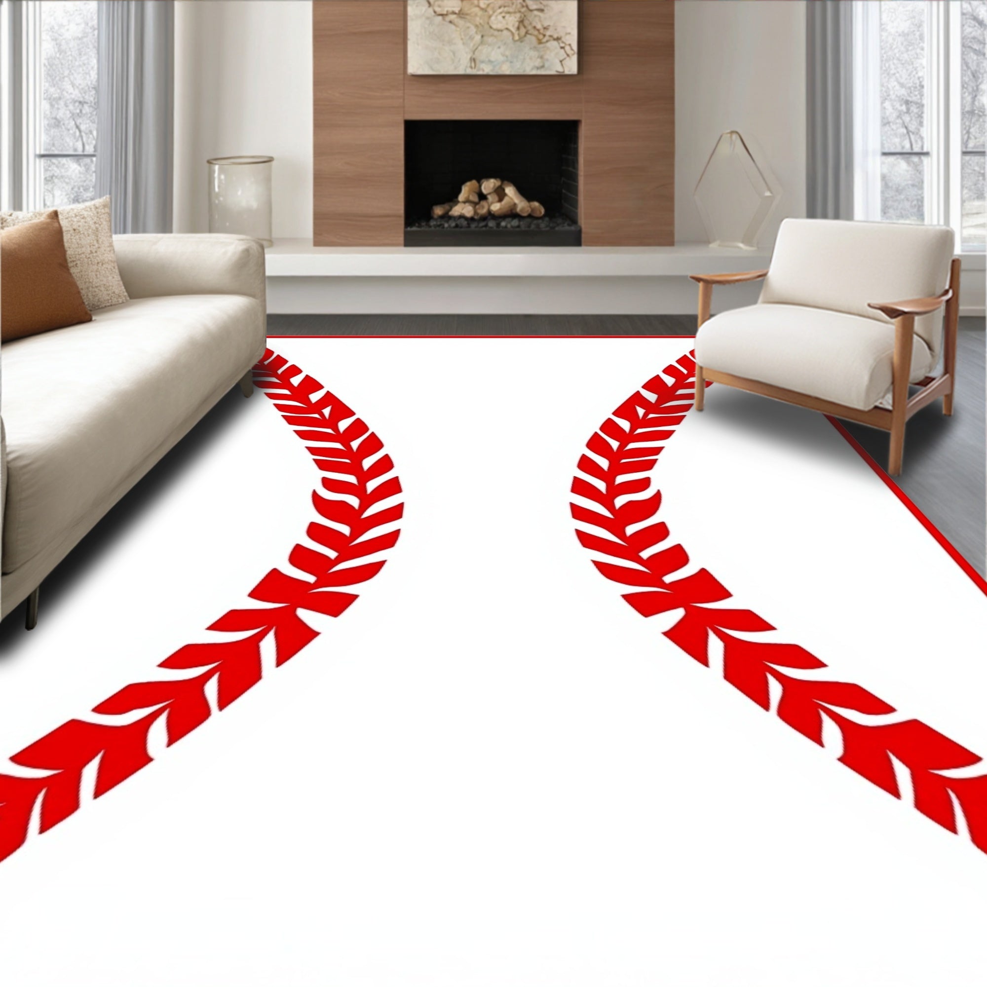 Crimson Stitch Baseball White Rug