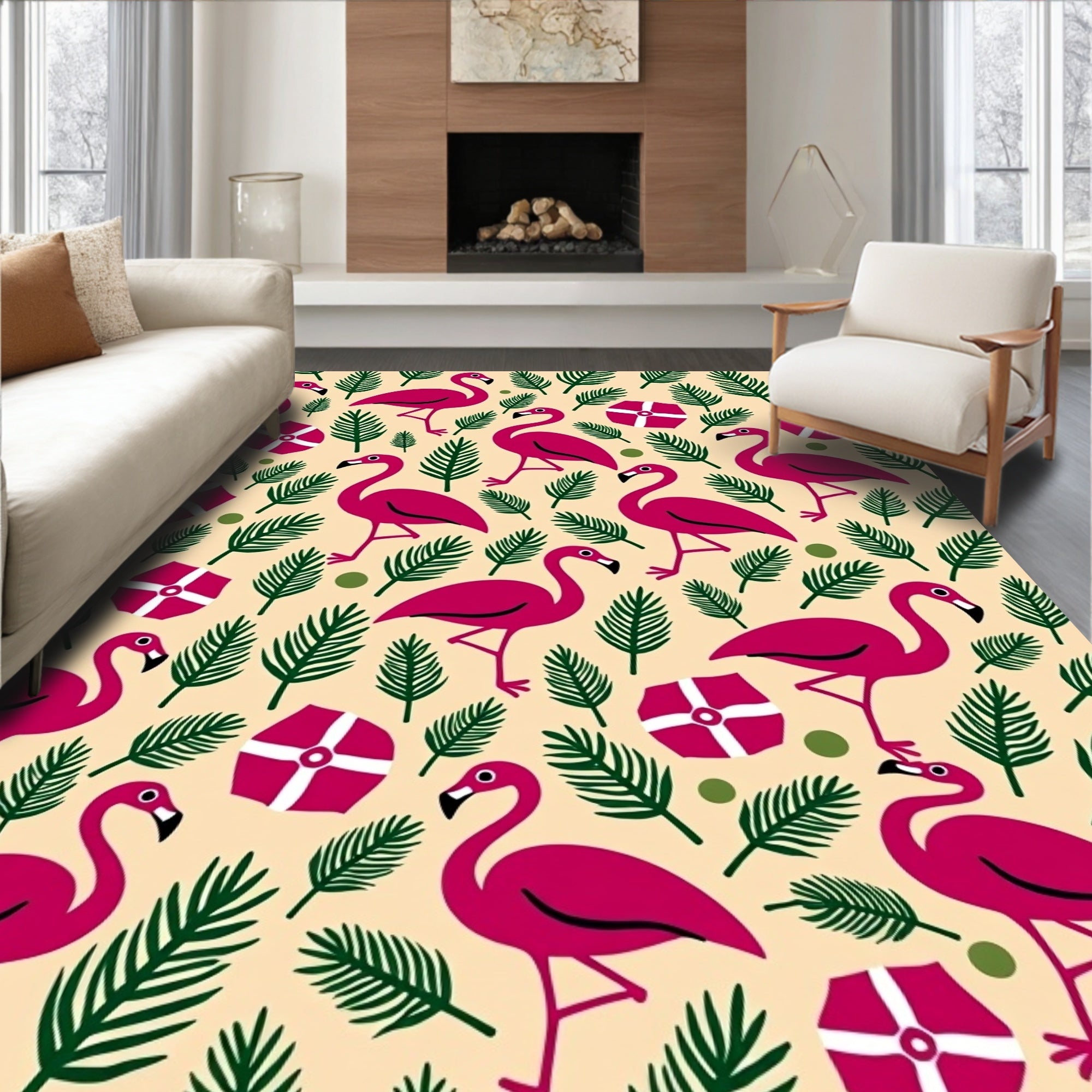 Pink Flamingo Tropical Beach Motif Rug