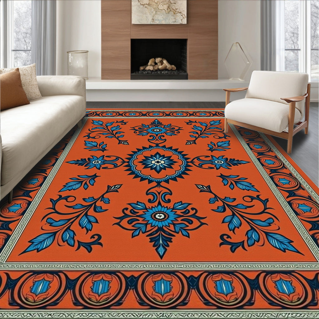 Ornate Blue Floral Border Orange Rug