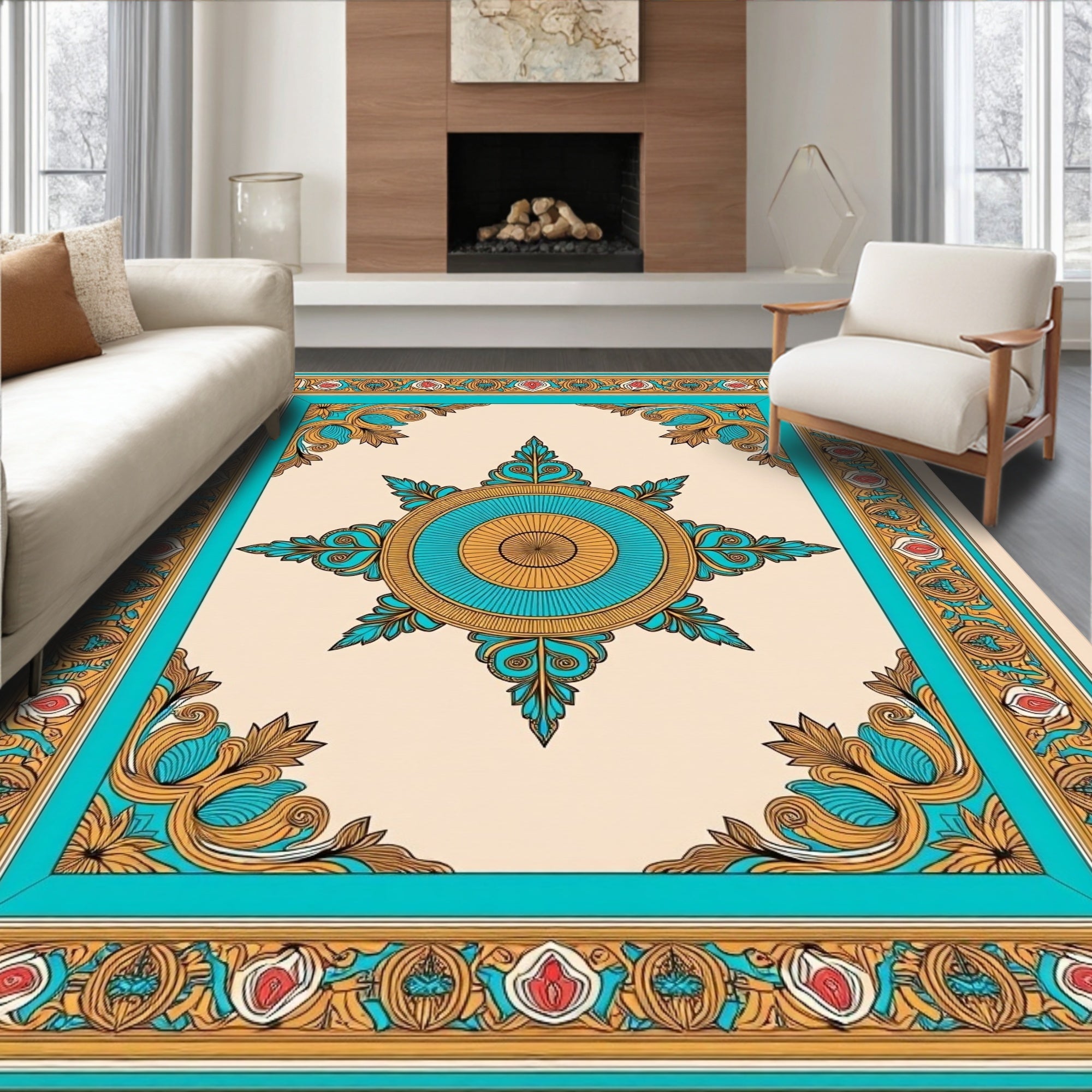 Ornate Teal Sunburst Floral Border Rug