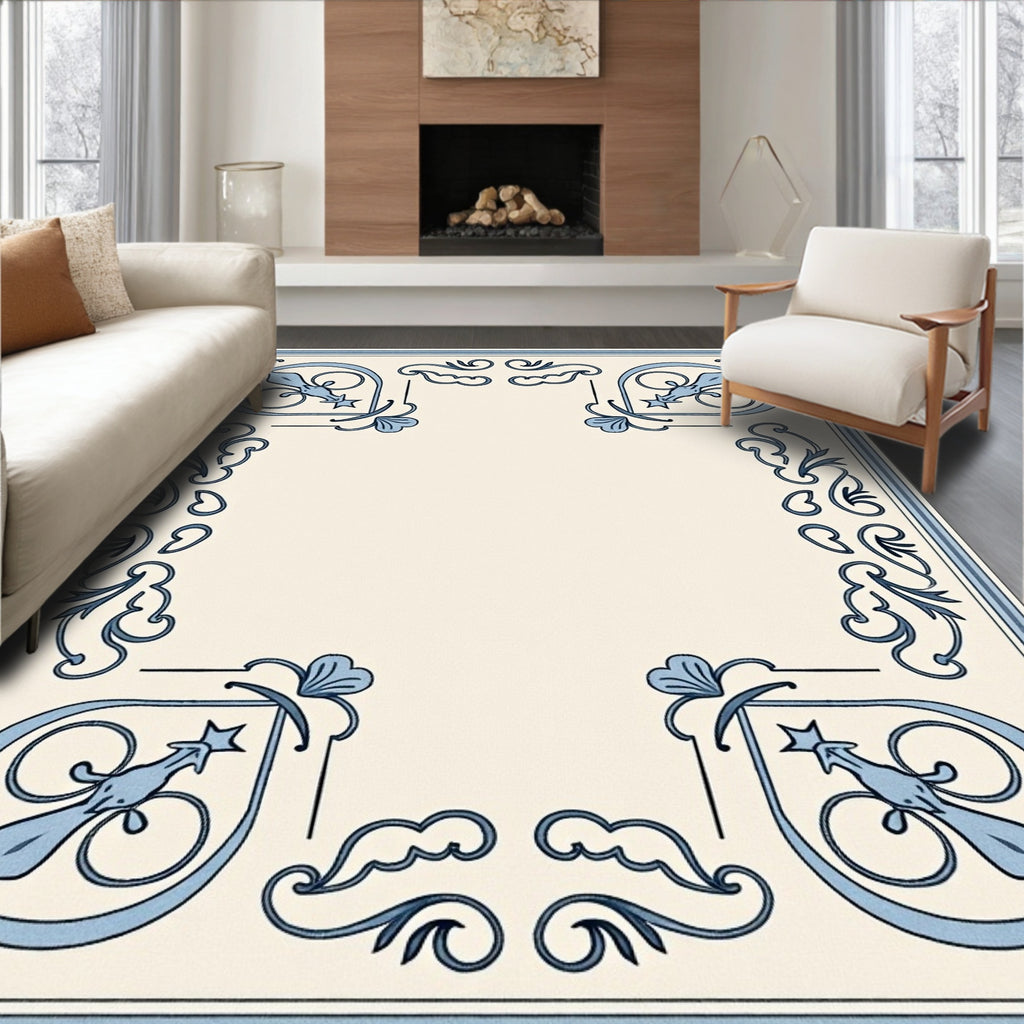 Light Blue Traditional Corner Scroll Rug