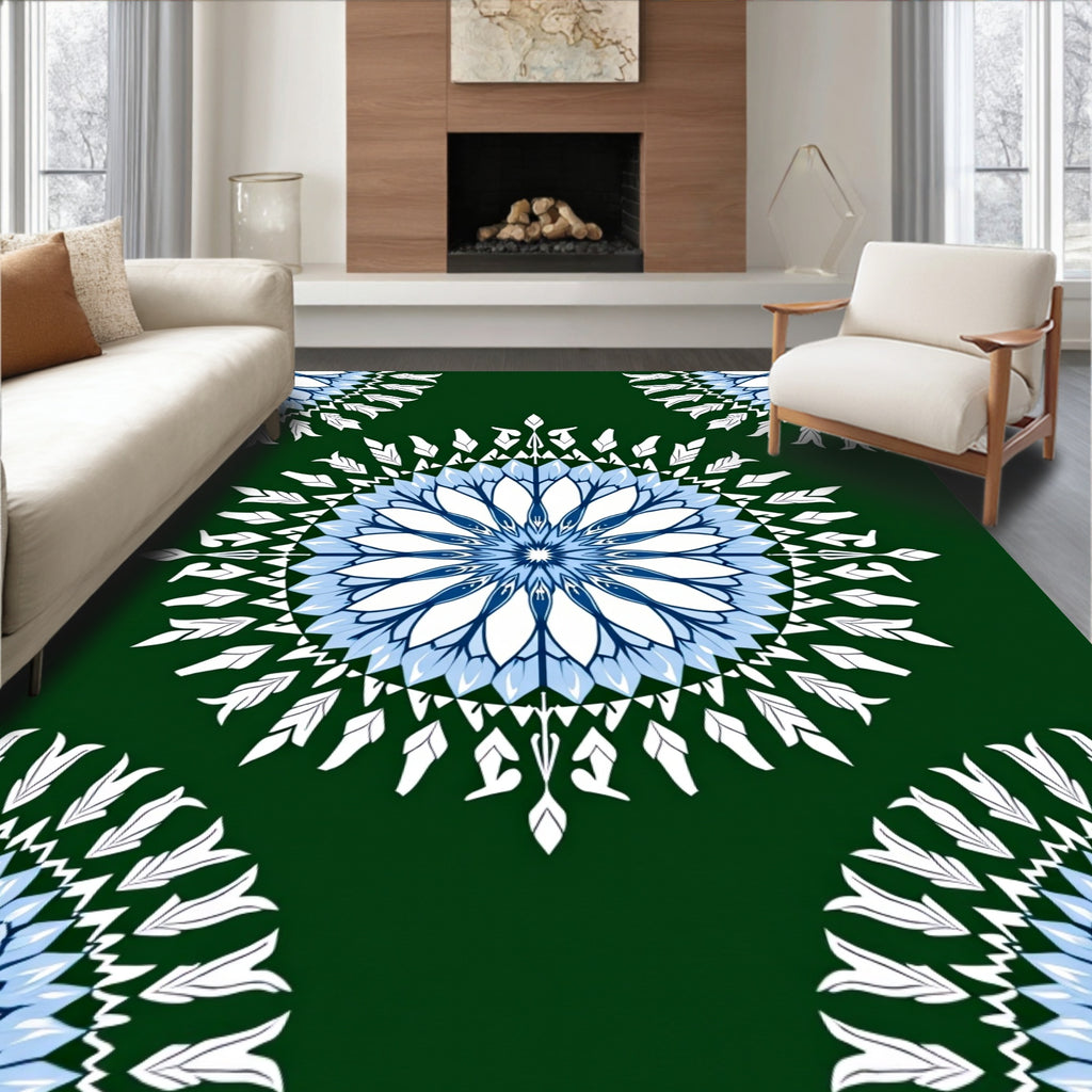 Intricate Blue White Floral Medallion Dark Green Rug