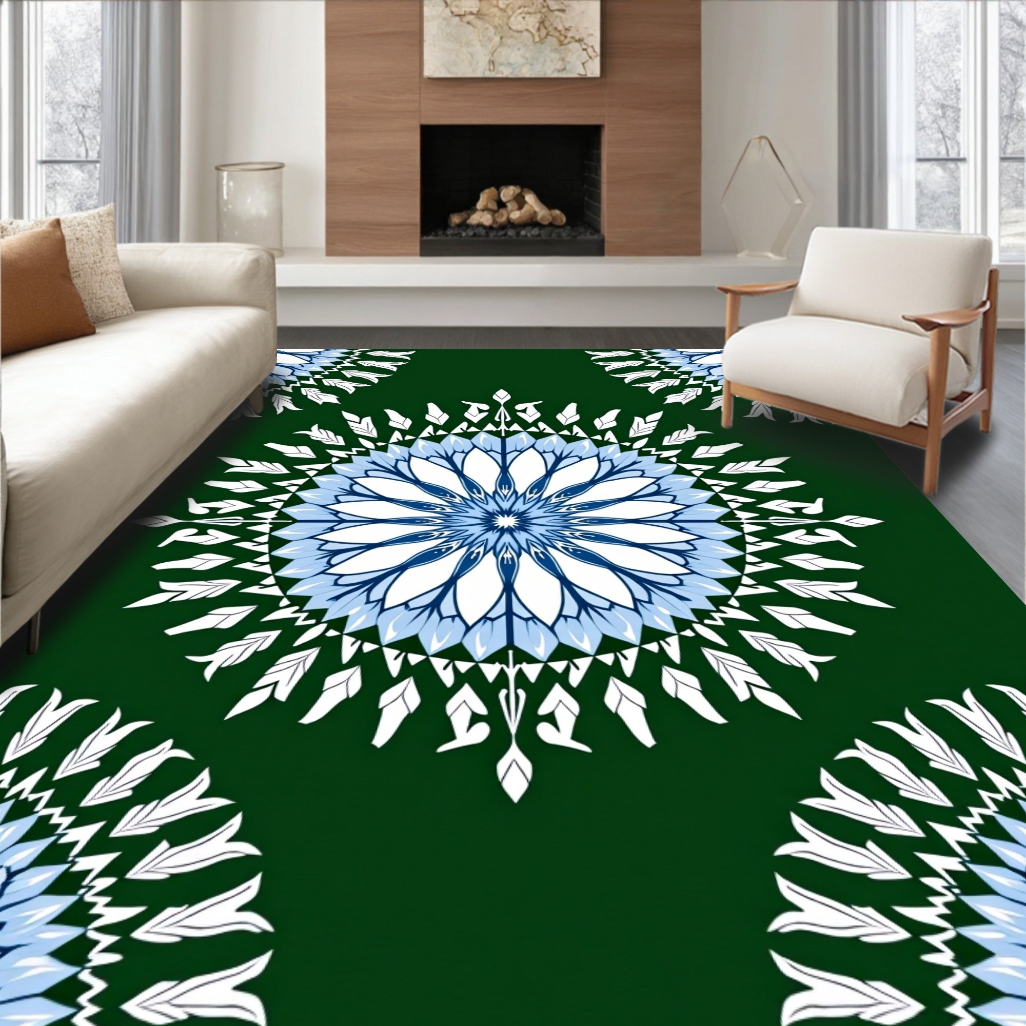 Intricate Blue White Floral Medallion Dark Green Rug