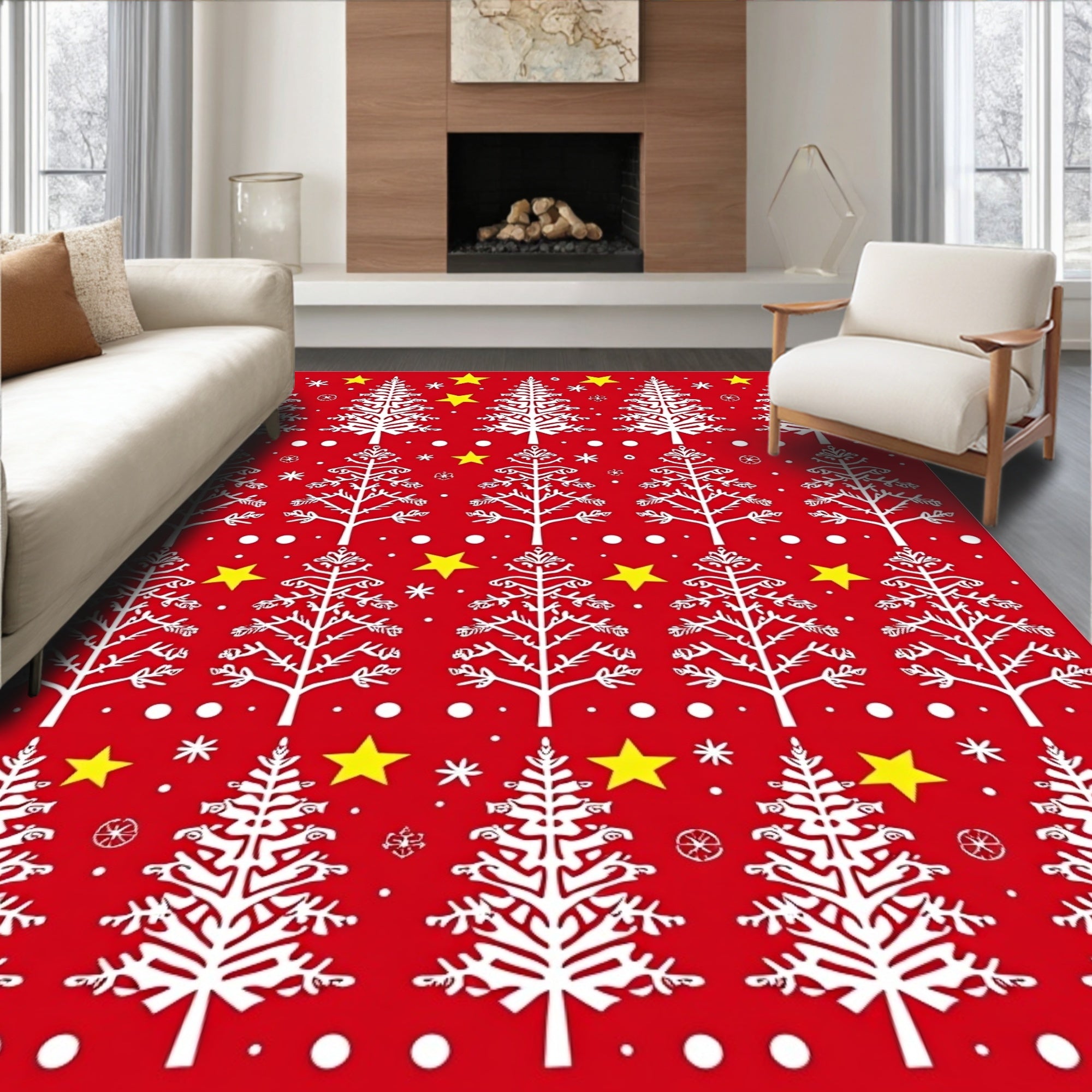 Crimson White Christmas Tree Starscape Rug