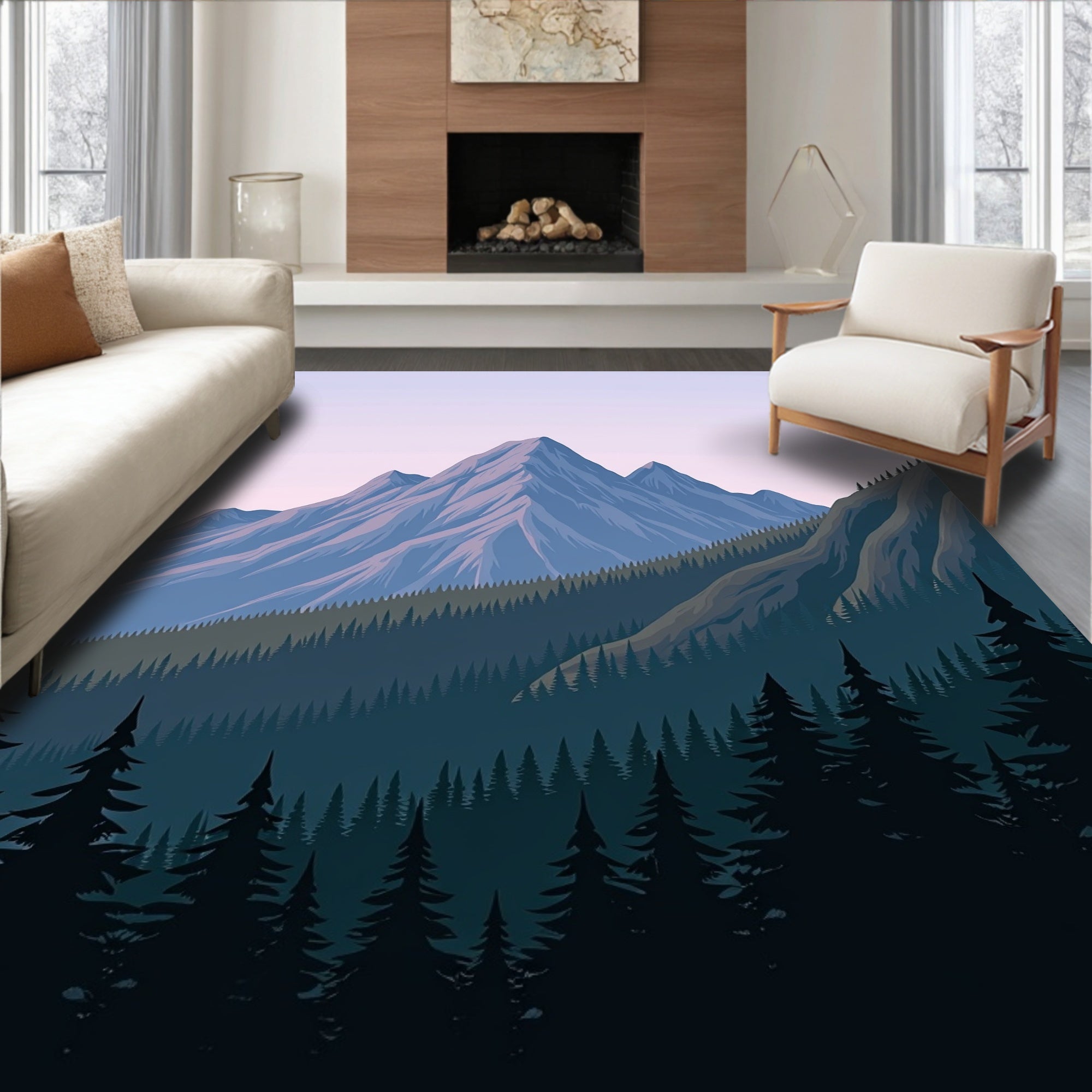 Misty Blue Mountain Forest Vista Rug