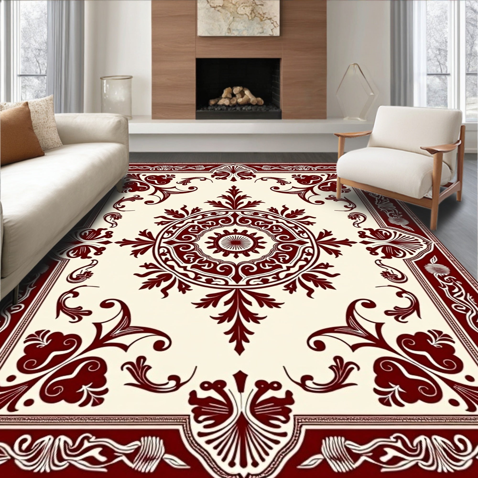 Classic Burgundy Medallion Floral Scroll Rug