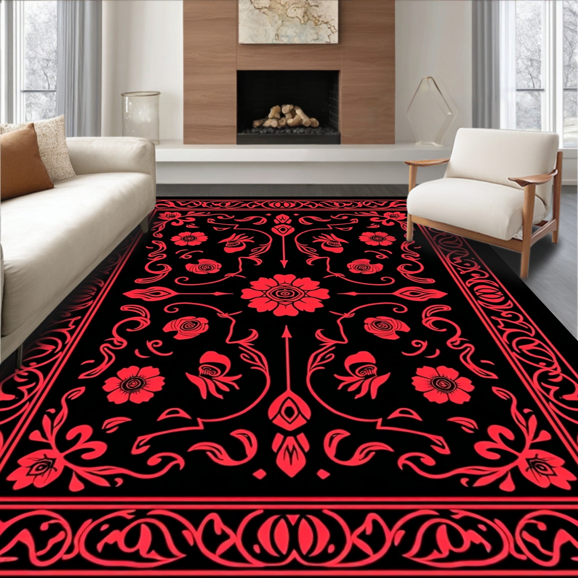 Elegant Red Floral Arrangement Rug