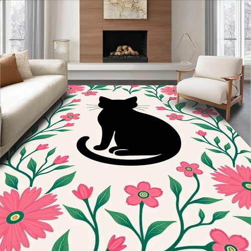 Black Cat Pink Floral Garland Rug