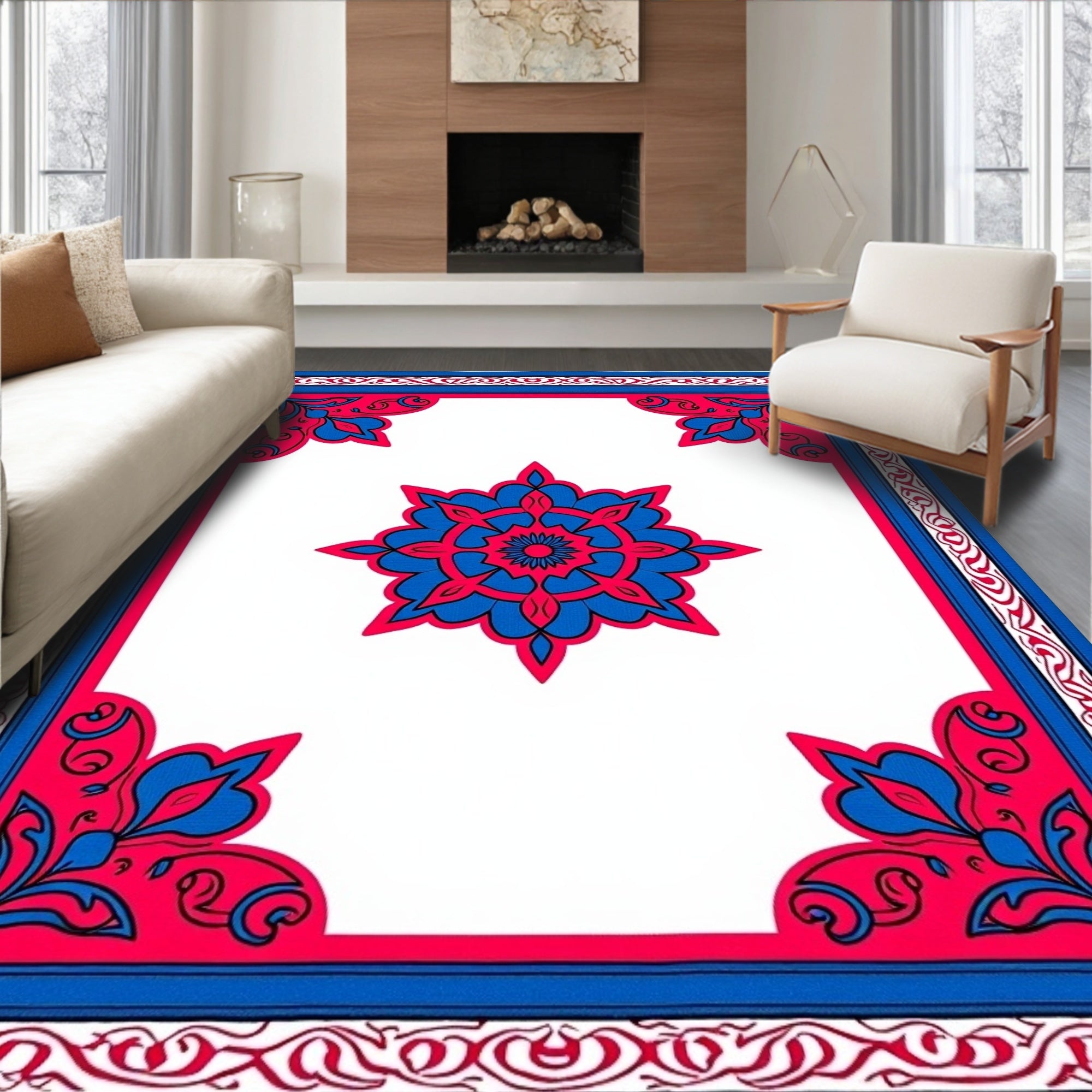 Bold Blue Royal Medallion Border Rug