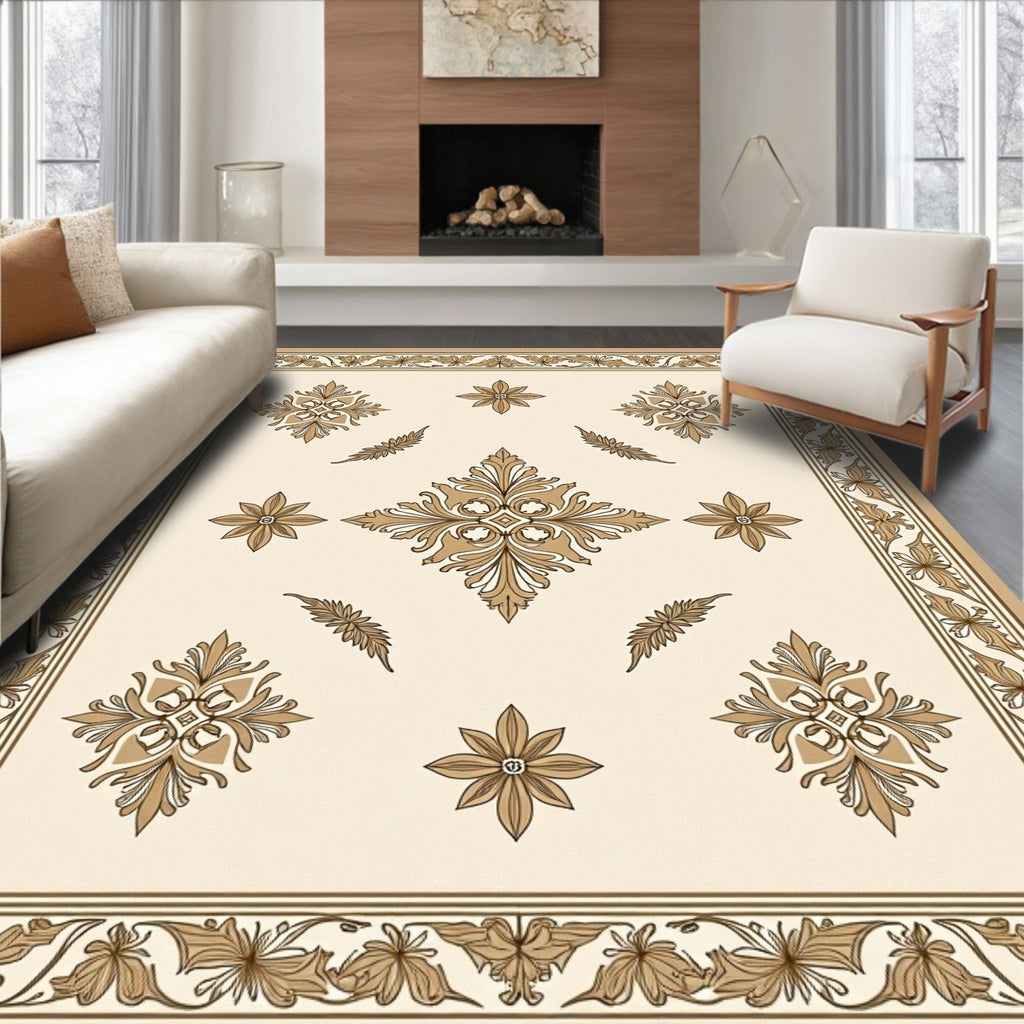 Classic Beige Floral Medallion Border Rug