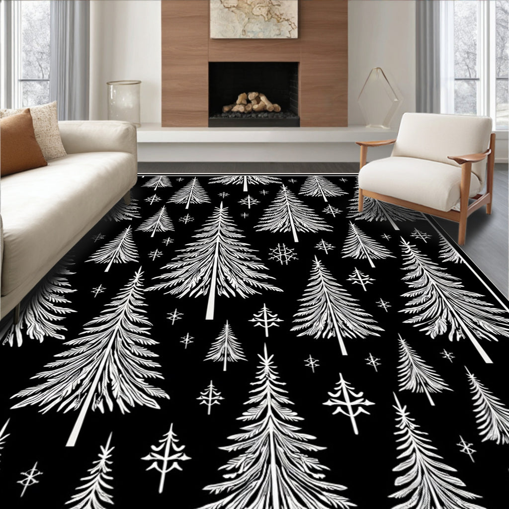 Black White Pine Forest Snowflake Trees Rug