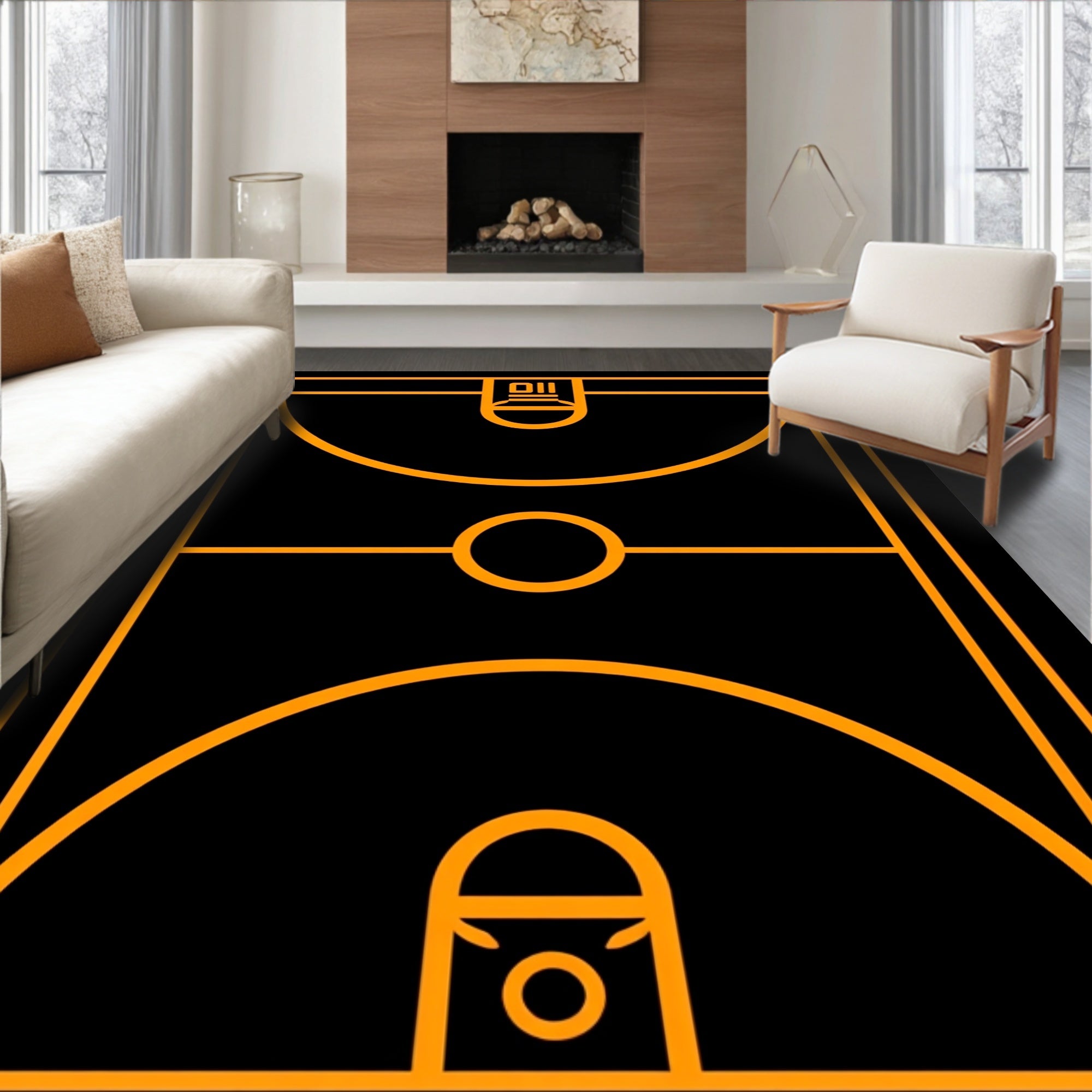 Orange Geometric Basketball Court Lines Rug