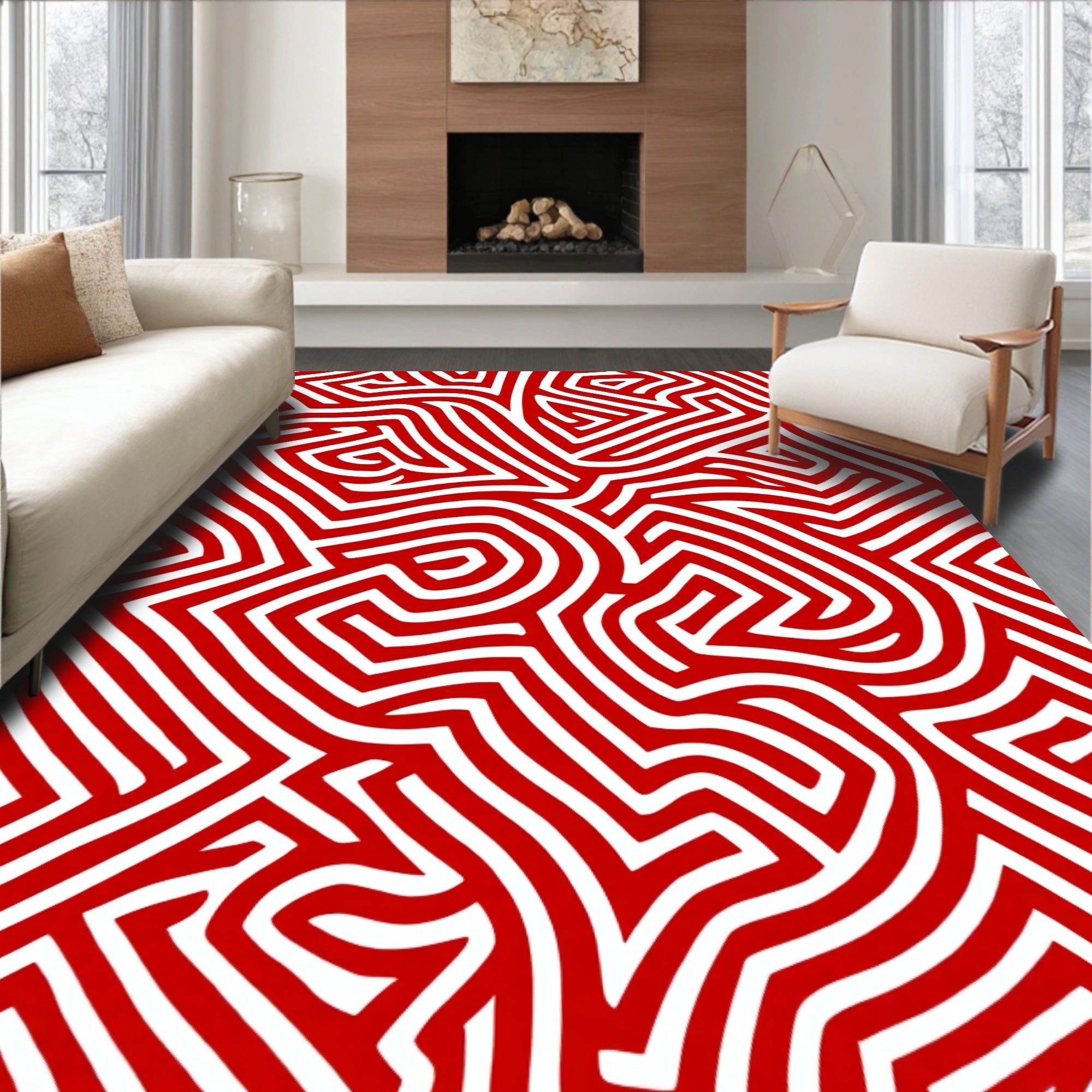 Vivid Red White Intertwined Maze Rug