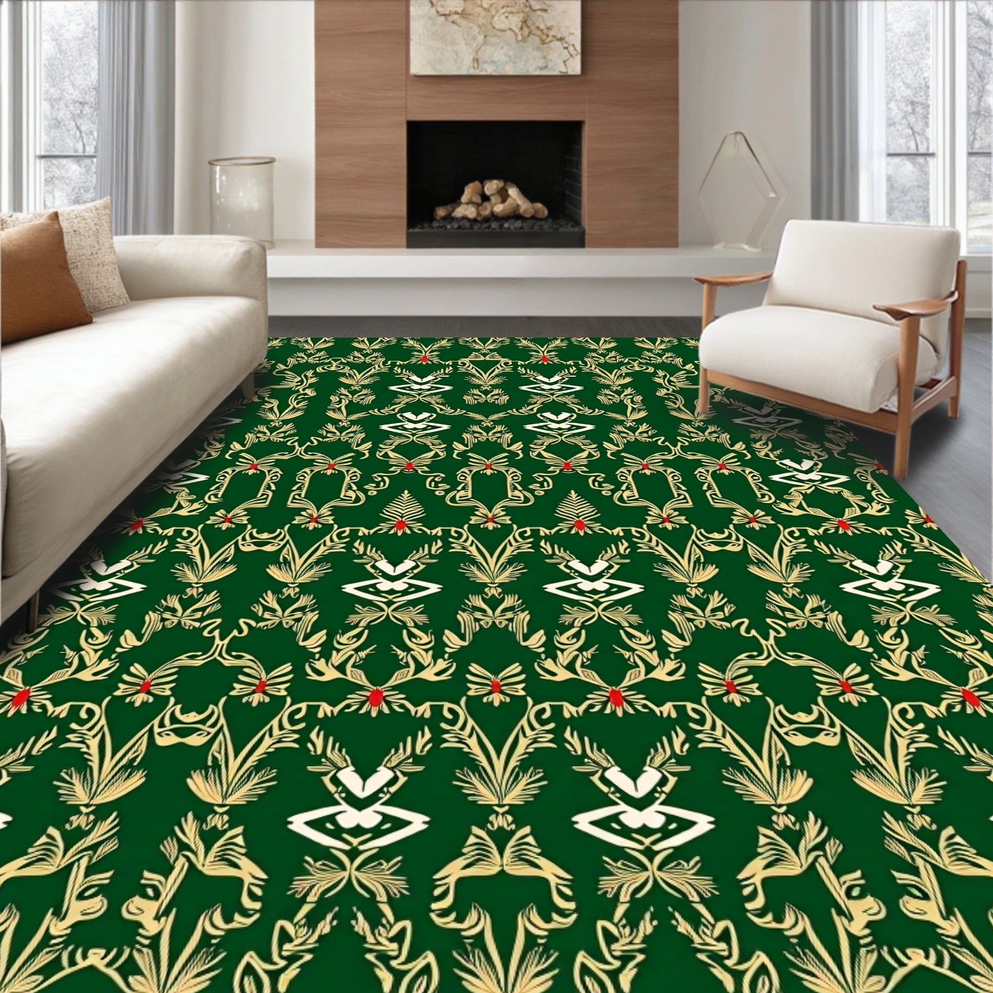 Emerald Green Golden Floral Foliage Rug