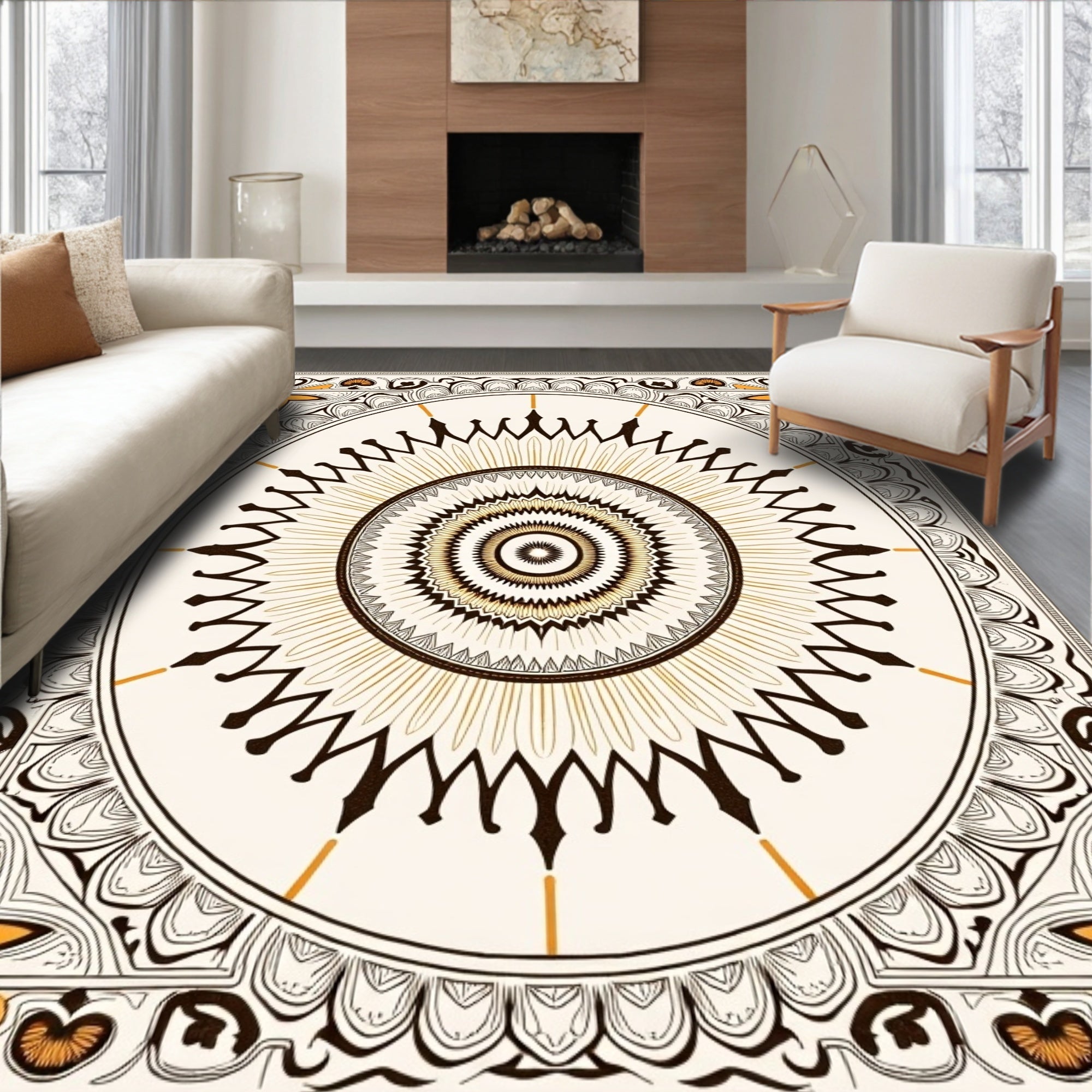 Ornate Golden Sunburst Medallion Rug