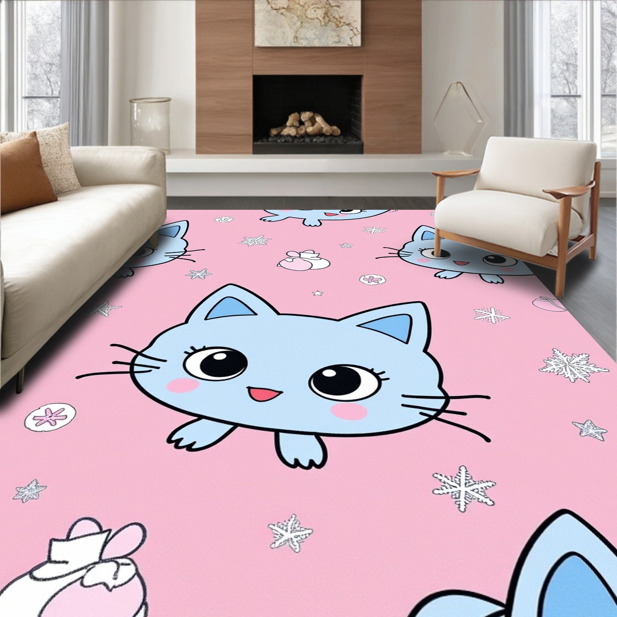 Cute Blue Kitty Snowflakes Pink Rug