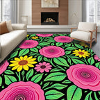 Vibrant Pink Yellow Floral Foliage Rug
